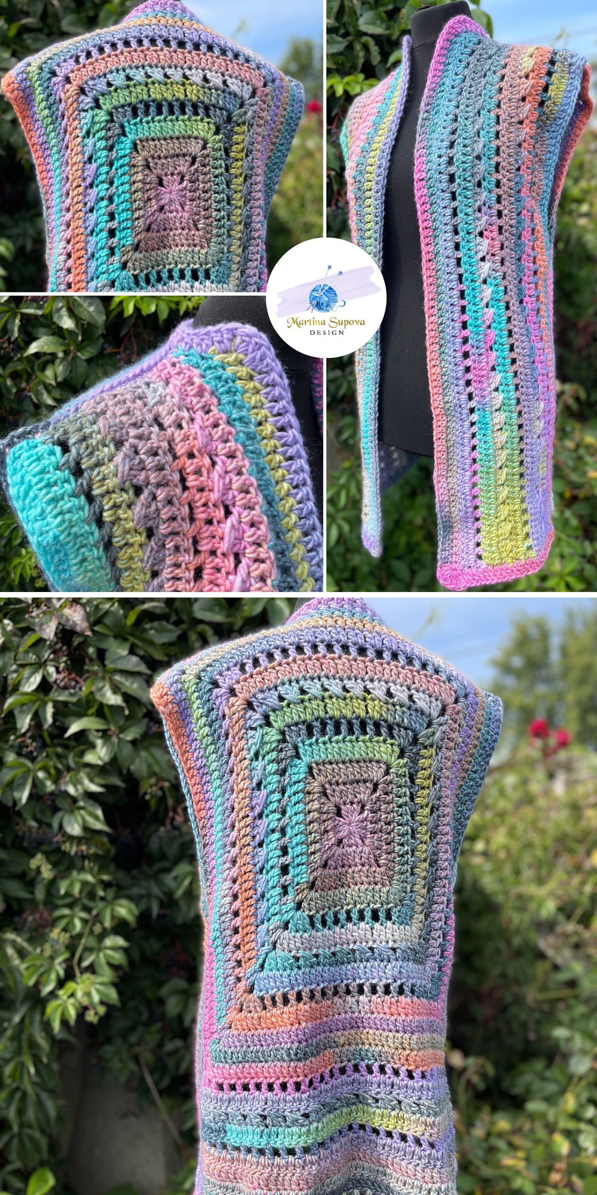 a long crochet vest in big granny square design