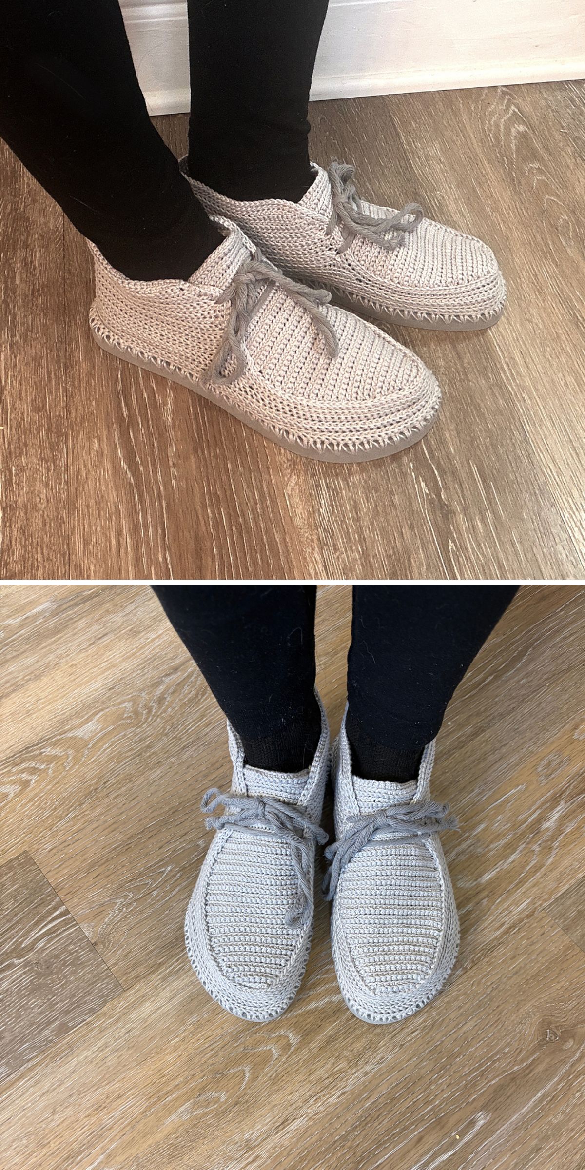 Person wearing light grey crochet boots with laces, standing on a wooden floor. Two views: one from the side and one from above.