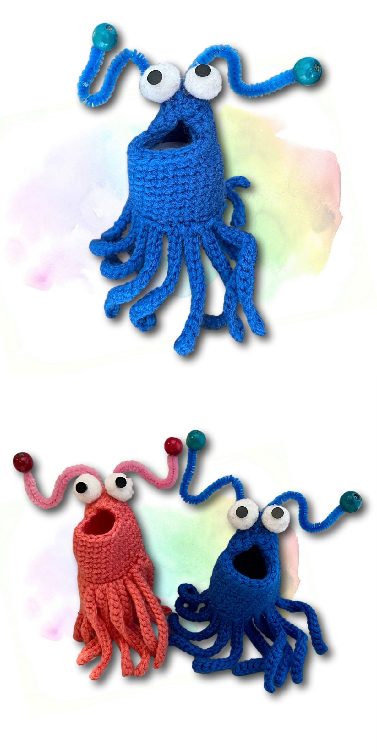 Colorful crochet yip yip alien puppets inspired by classic cartoon characters, featuring oversized eyes, open mouths, tentacles, and flexible antennae.