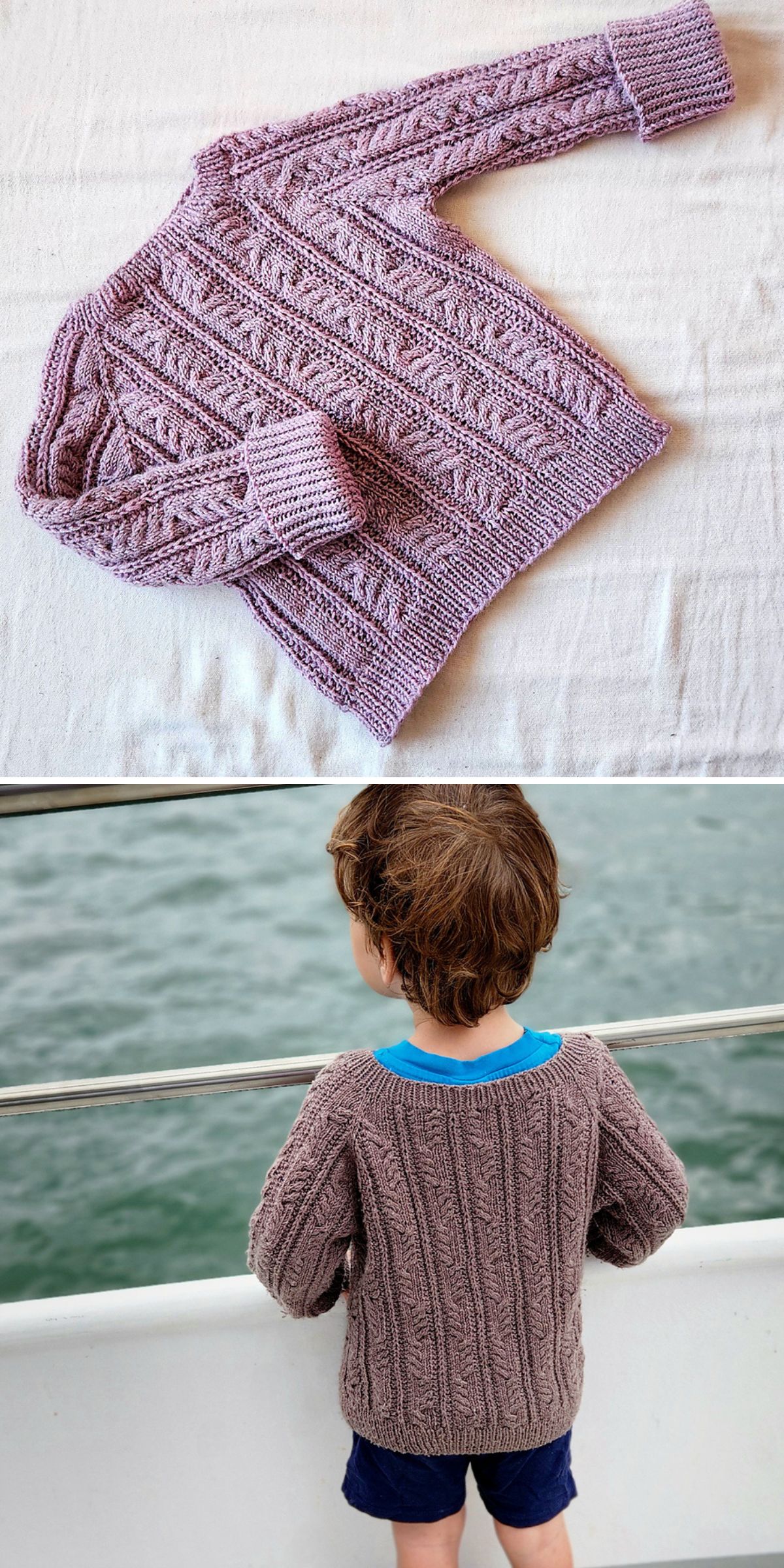 A knitted lavender baby boy sweater is shown laid flat on a surface and worn by a child standing by a railing overlooking water.