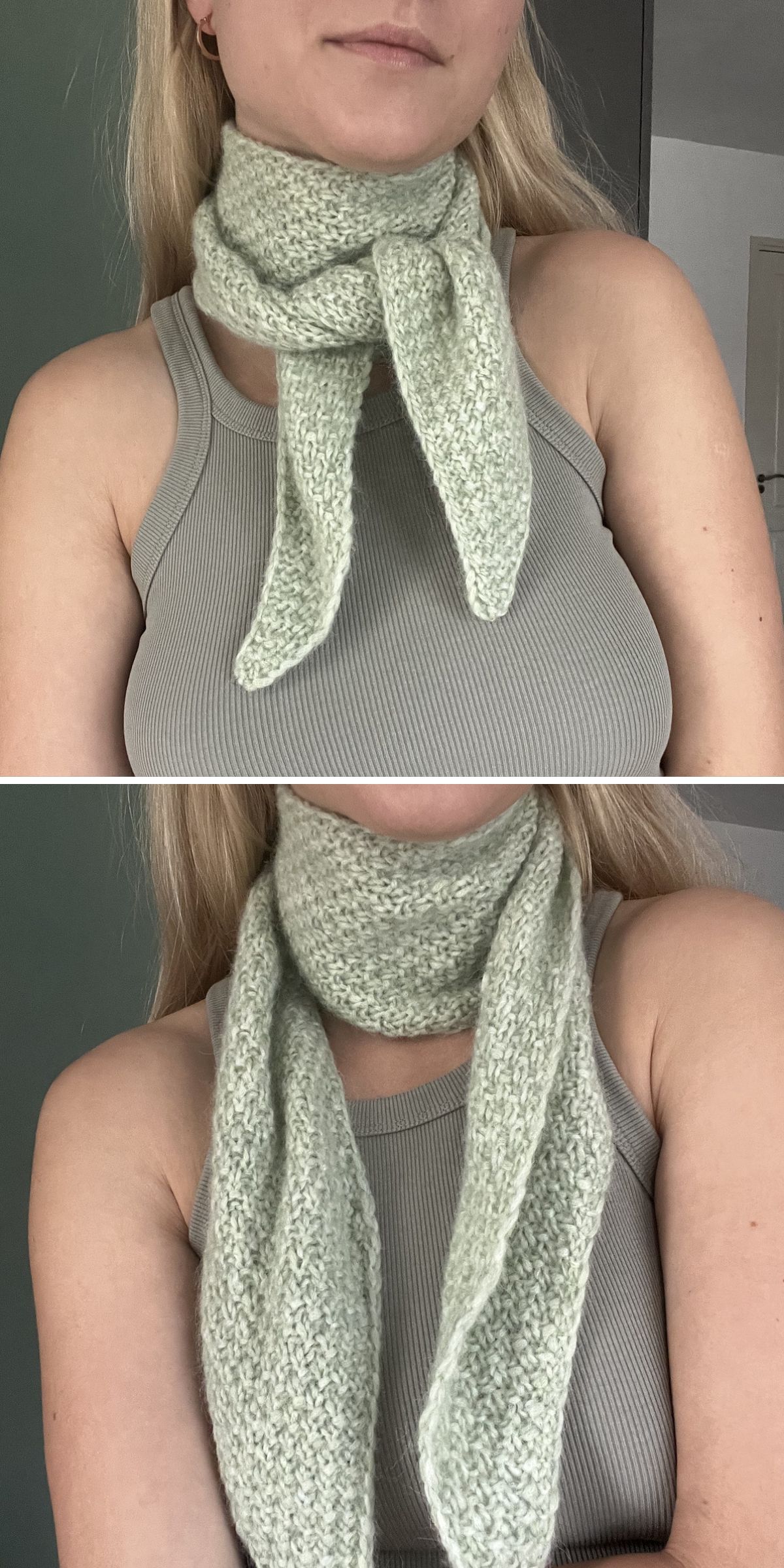Two photos show a person wearing a light green knitted scarf over a gray ribbed tank top. The first photo shows the scarf tied, and the second shows it hanging loose, perfect for showcasing new knitting scarf patterns.