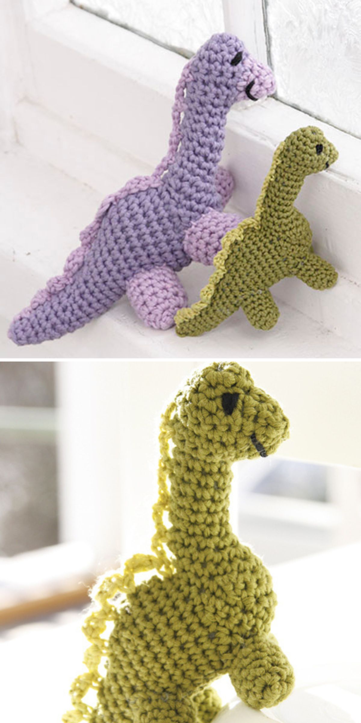 Two crochet dinosaur toys, one purple and one green, are shown together in the first image, while the green crochet dinosaur appears alone in the second image.