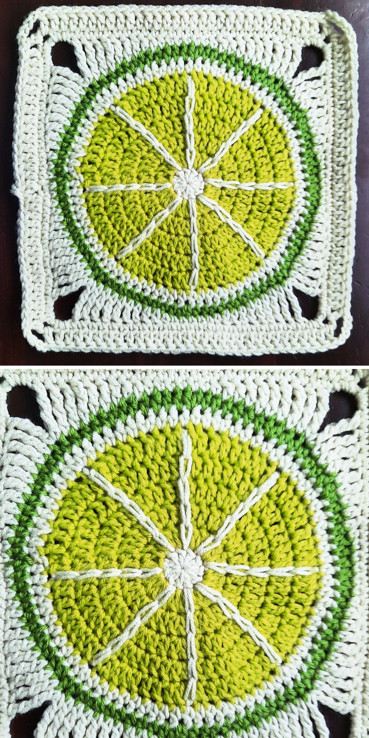 Two crocheted square pieces featuring a crochet lemon slice design in yellow, green, and white yarn, resembling a lime or lemon.
