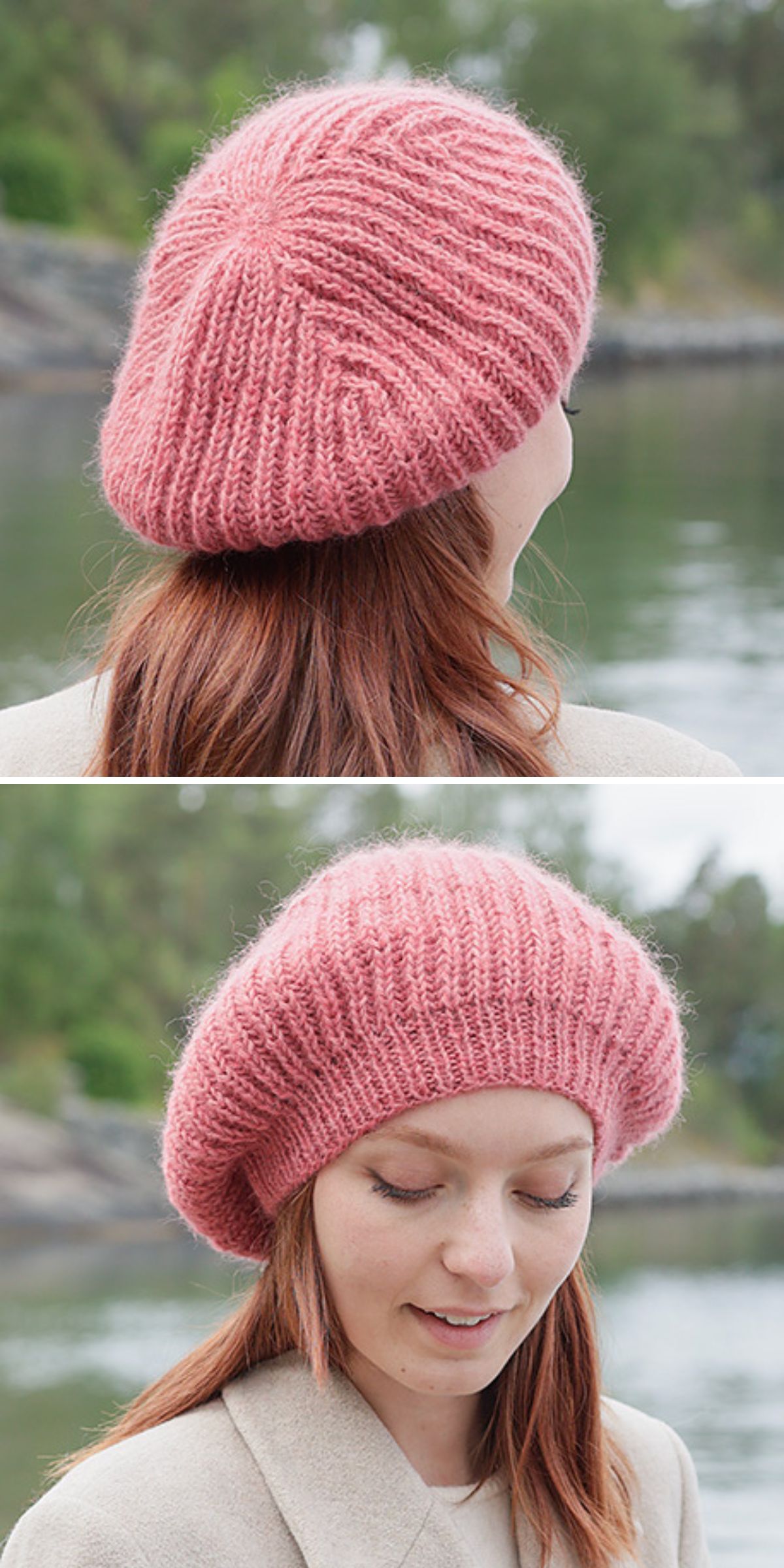 A woman with reddish-brown hair wears a stylish pink knitted beret, shown from both the back and front, outdoors near a body of water.