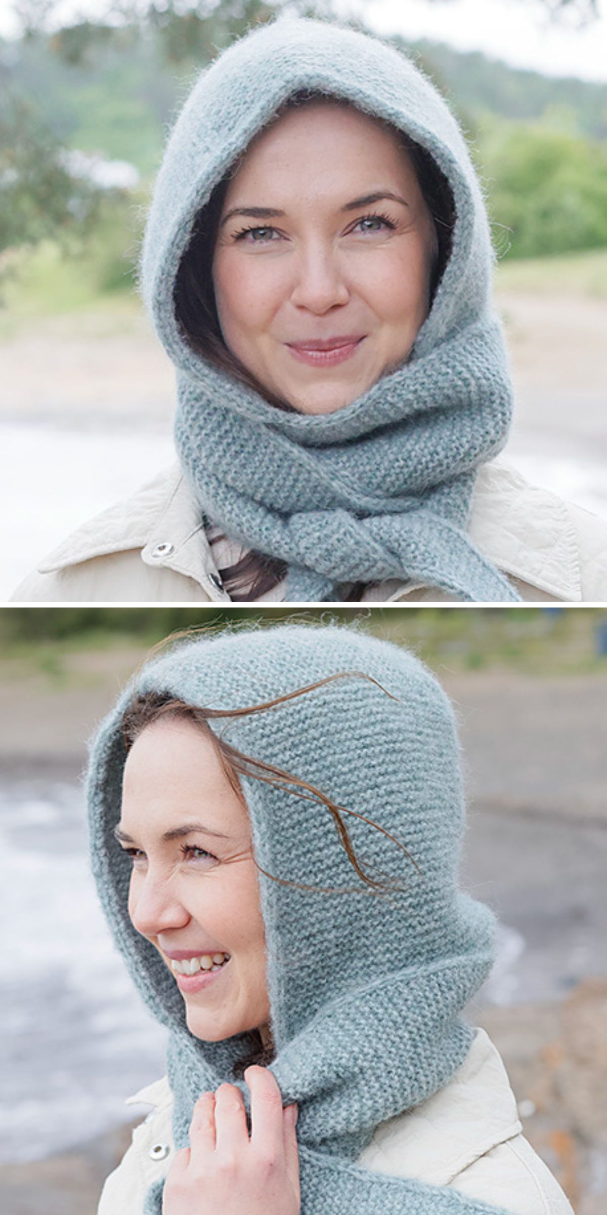 A woman outdoors wears a knitted light blue hooded scarf with a cozy knitted hood, smiling at the camera in the first image and looking sideways in the second.