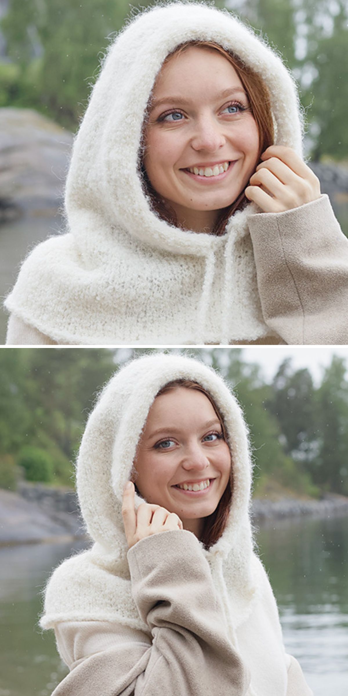 A woman wearing a cream-colored sweater with a knitted hood smiles outdoors near water and trees, shown in two different poses.