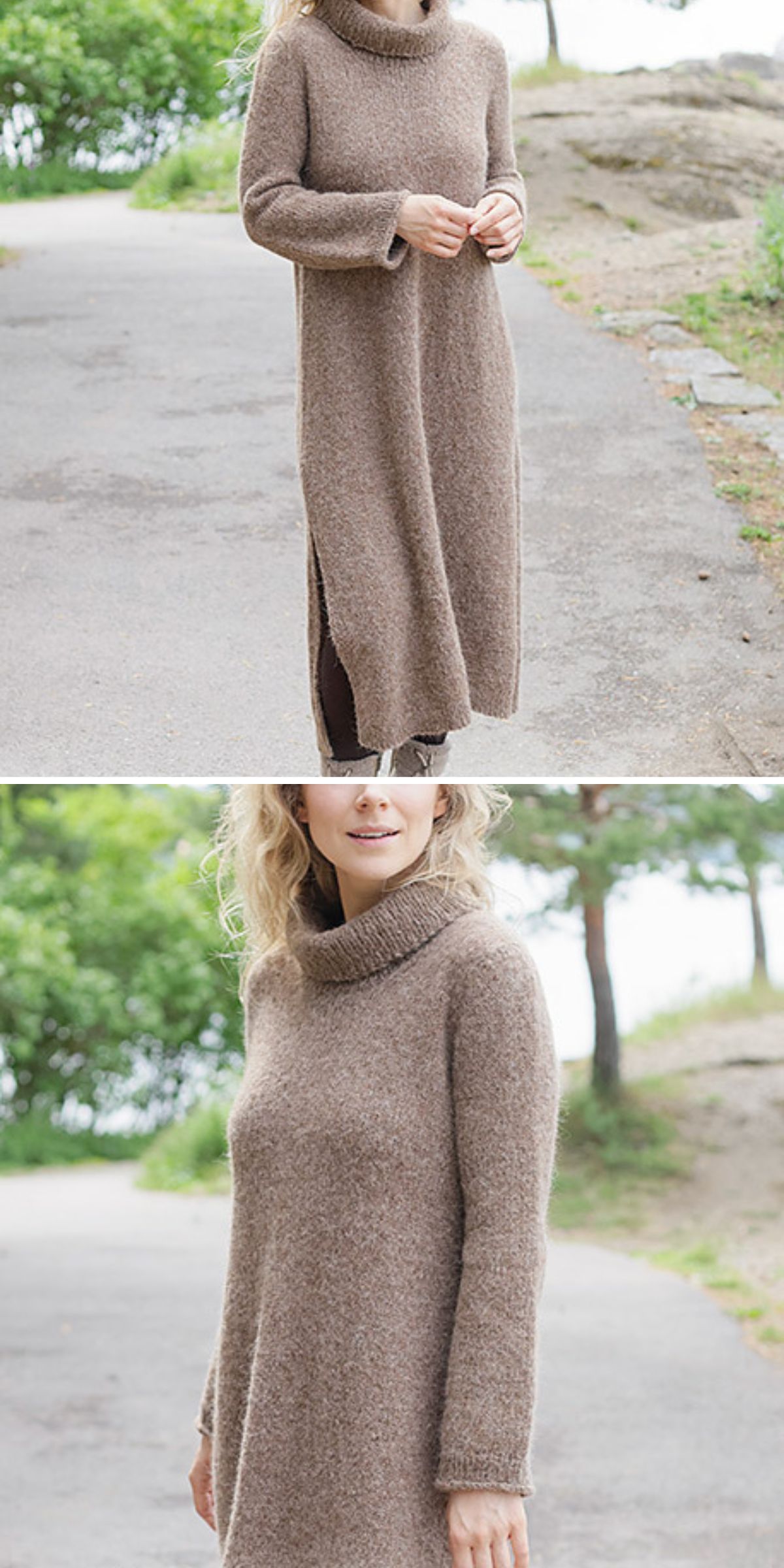 A person wearing a long, brown, knit turtleneck sweater dress — an example of classic knit dress patterns — stands outdoors on a paved path with greenery in the background.