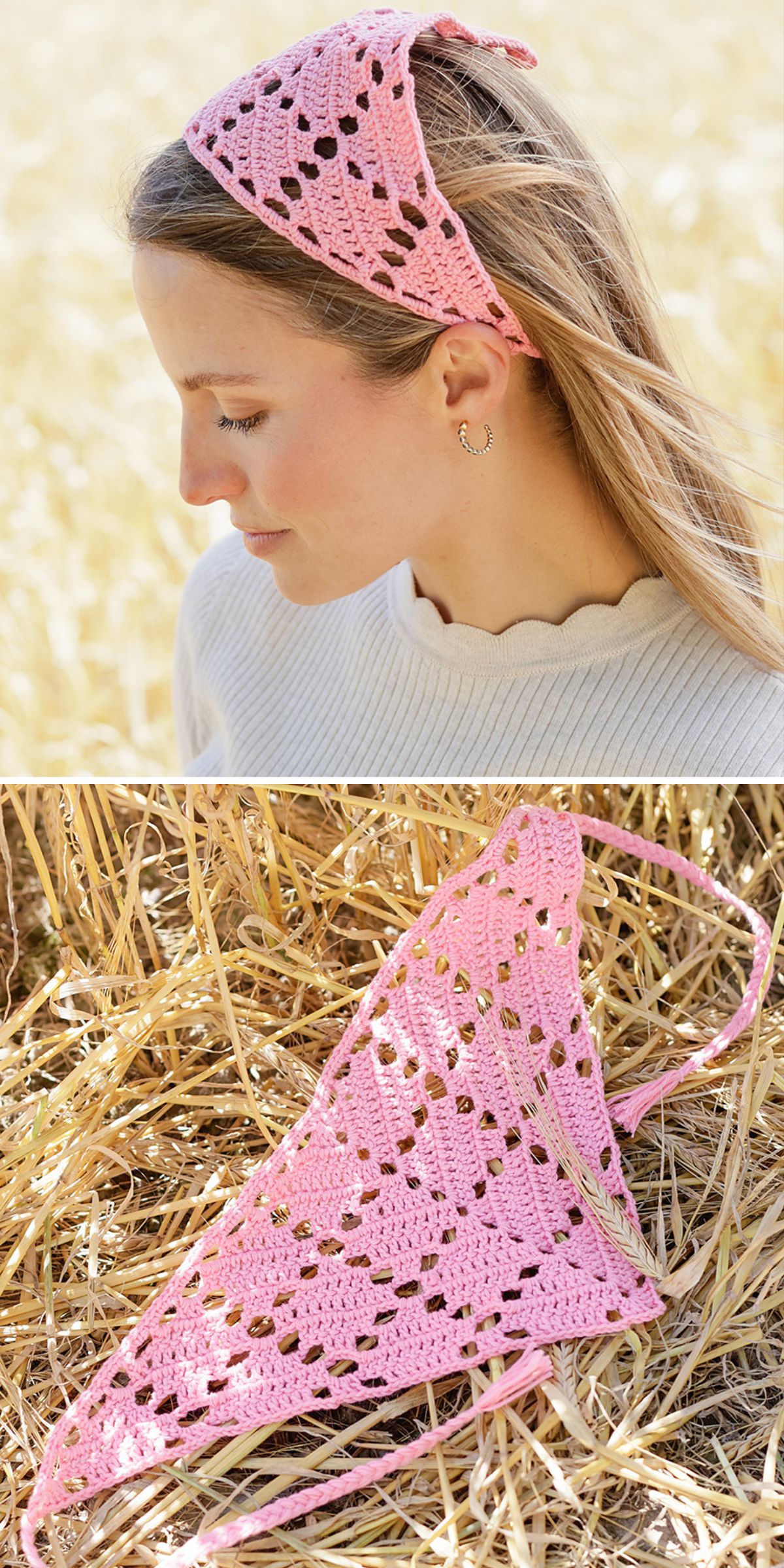 A woman wears a light pink crochet bandana with a delicate lace pattern; below, the crochet bandana is displayed flat on dried grass.