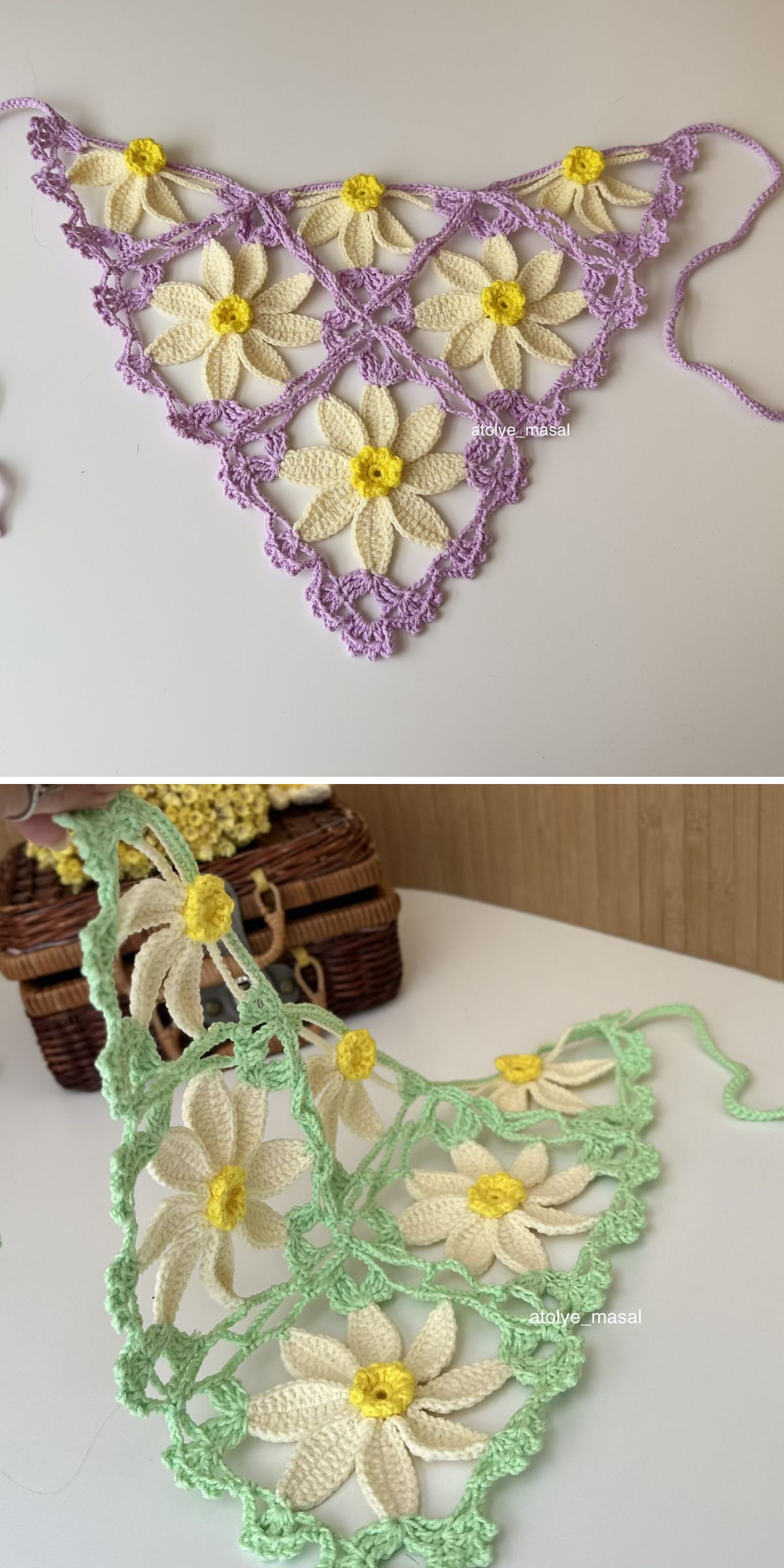 Two photos show triangular crochet bandana pieces with white and yellow daisy motifs, one edged in purple yarn and the other in green, displayed on a white surface.