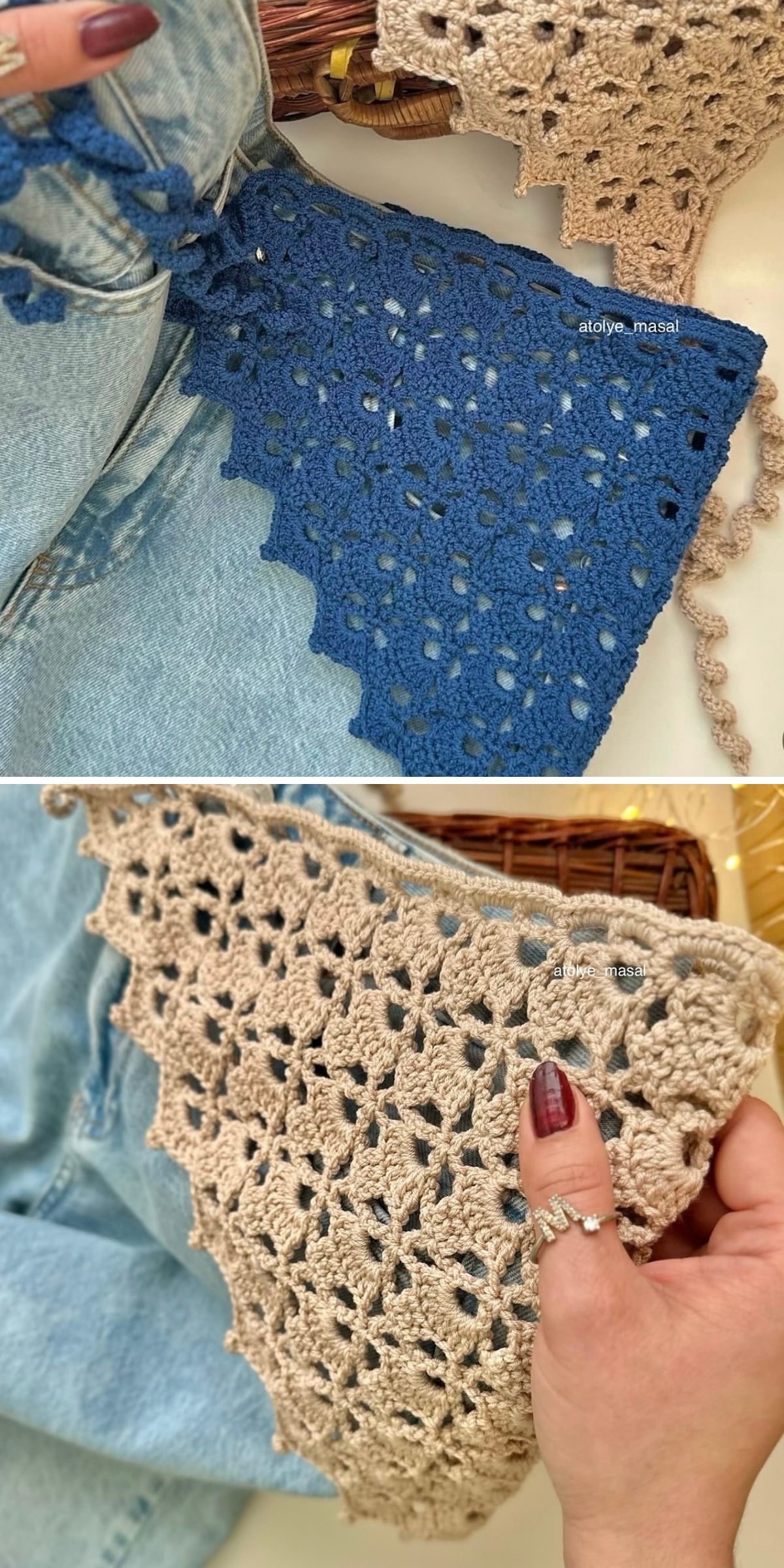 Two triangular crochet pieces, one blue and one beige, are displayed on denim fabric. A hand with painted nails holds the beige crochet bandana.
