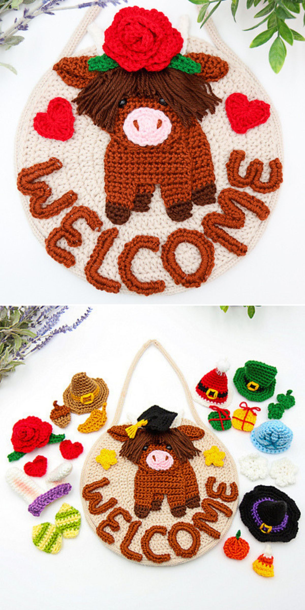 Crocheted "Welcome" sign featuring a brown cow with changeable hats and accessories, surrounded by red hearts — perfect as charming home decor and inspired by crochet wall hanging patterns.