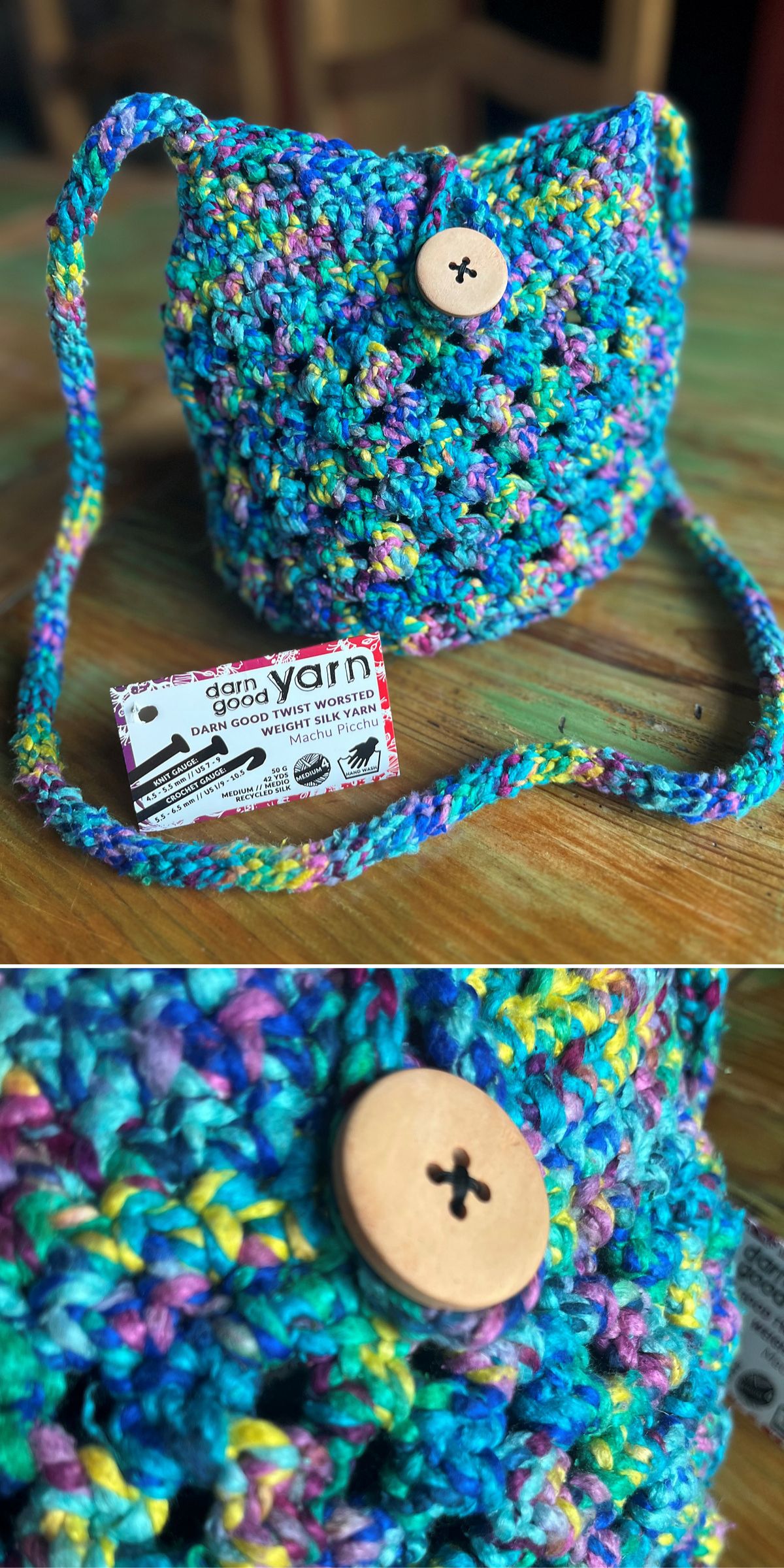 A small, colorful crochet bag with a round wooden button and long strap, shown with a "Darn Good Yarn" label and a close-up of the richly textured yarn.
