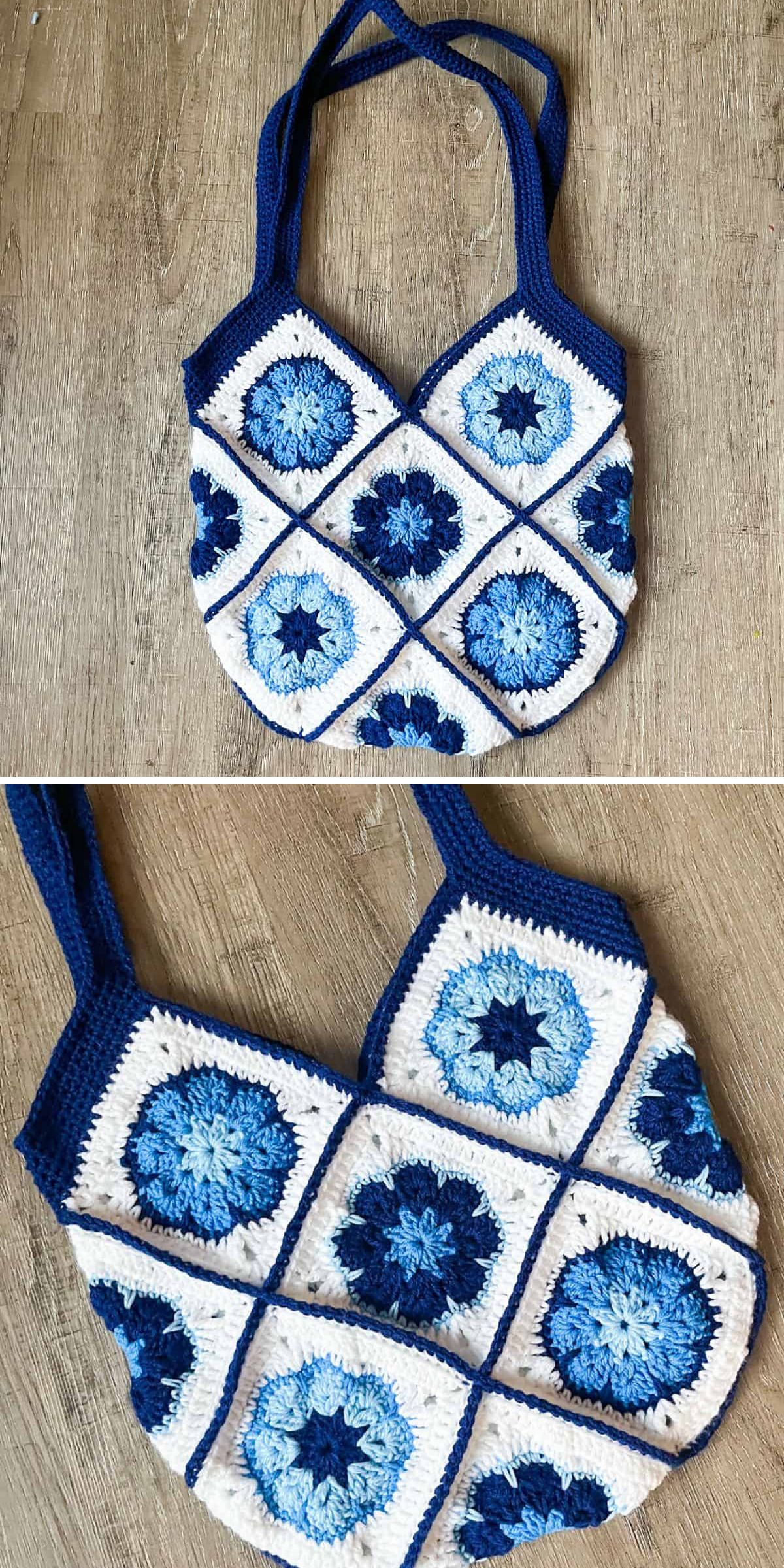 A handmade crochet bag featuring dark blue straps and a body crafted from blue, white, and navy granny squares, beautifully displayed on a wooden surface.
