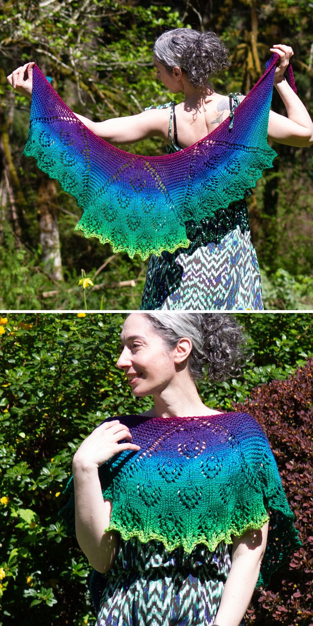A woman with gray hair models a vibrant knit shawl in crescent shape, featuring blue, green, and purple hues as she stands outdoors in a sunlit garden.