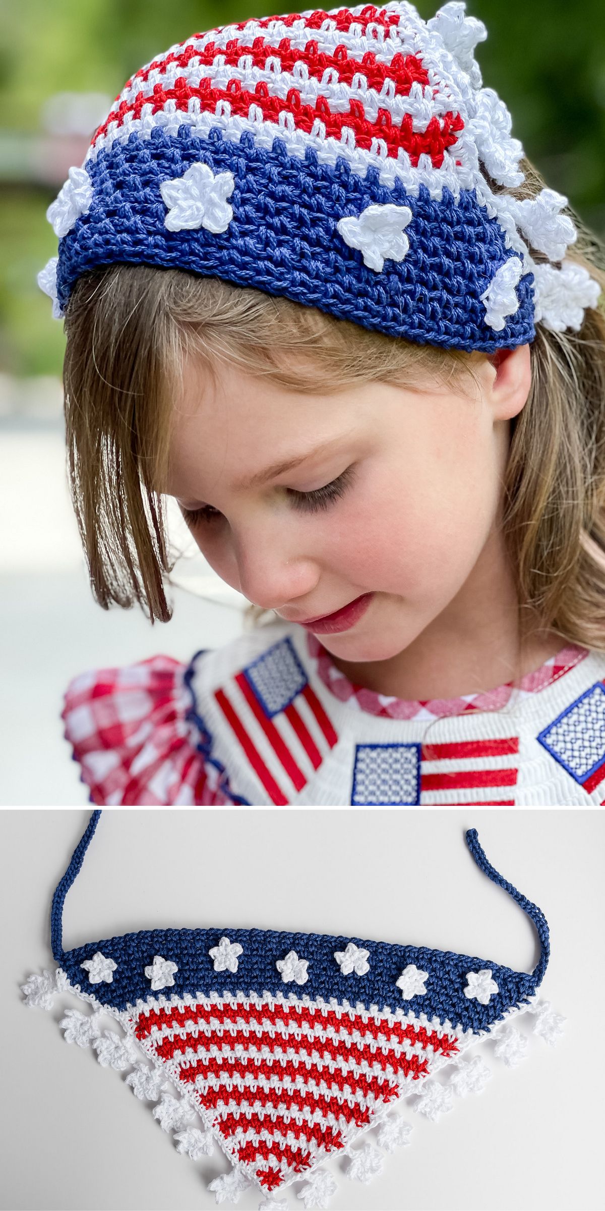 A young child wears a crochet bandana with red, white, and blue stripes and white stars; below is this striped bandana laying flat — perfect for showing off Patriotic Crochet Ideas with star accents.