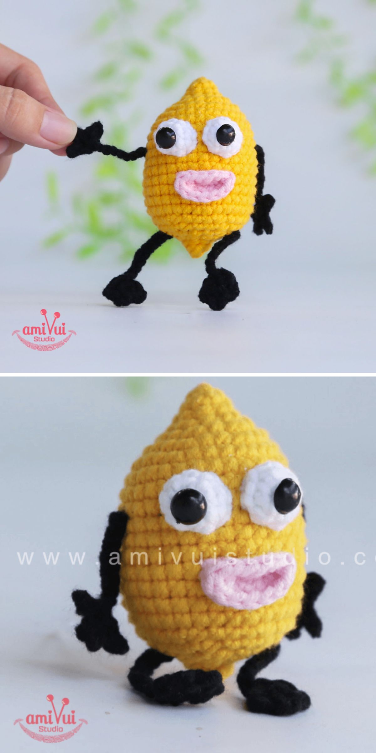 Two photos of a crochet lemon character with large eyes, pink lips, and black arms and legs, shown standing upright and held by one hand.