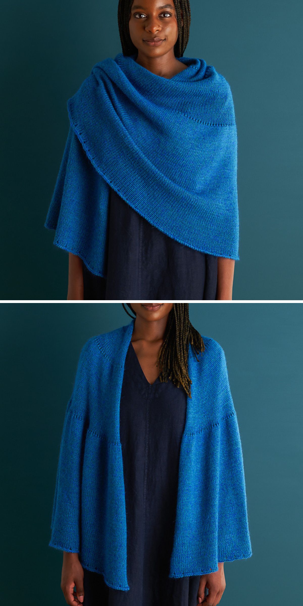 A person wears a large, blue knitted shawl — an eye-catching piece inspired by free knitting patterns for wraps — styled two ways: draped elegantly over one shoulder in the first image, and worn open in the second, against a dark teal background.