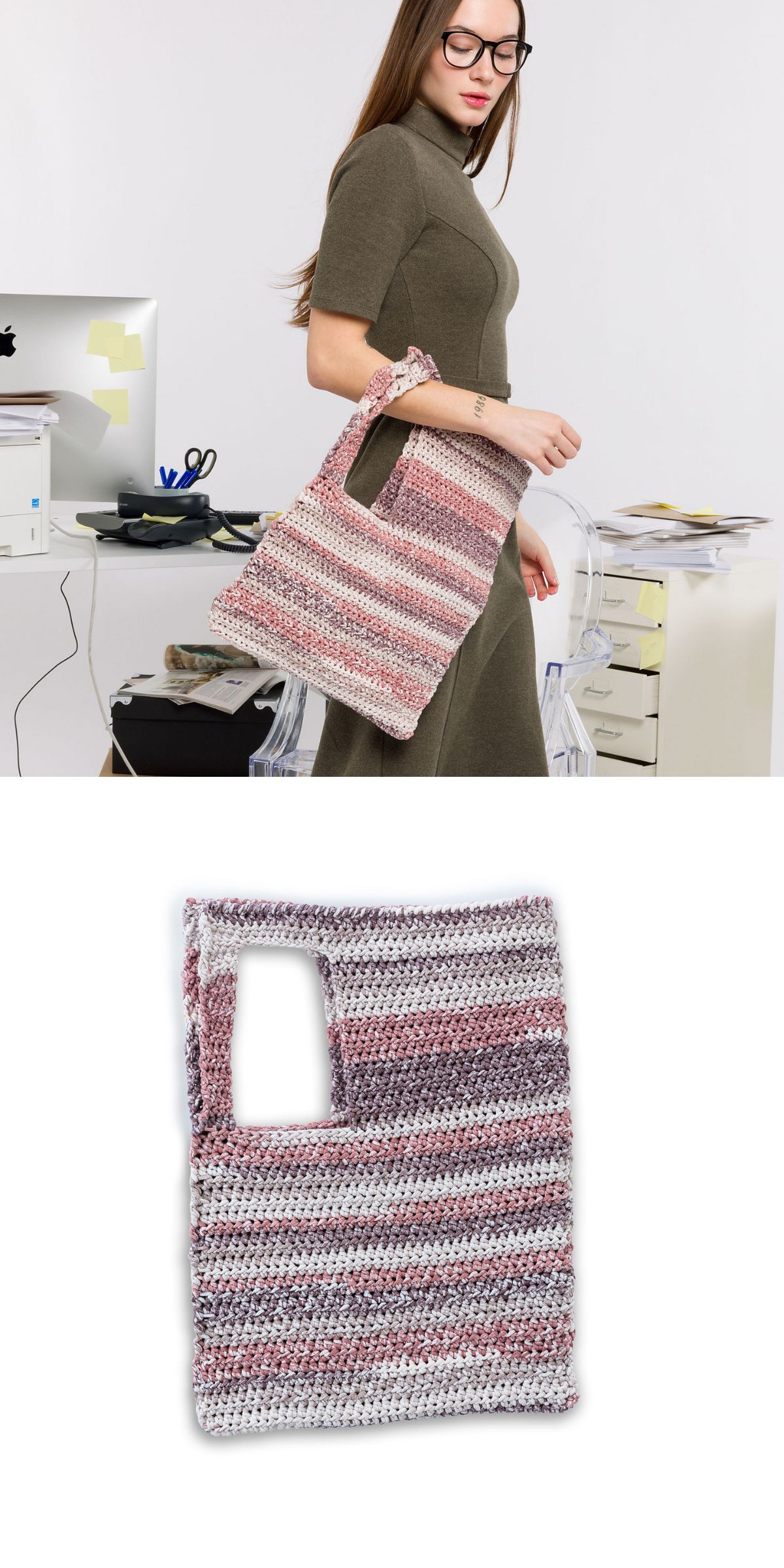A woman carries a pink and gray striped crochet bag with a large square handle opening. The second image displays the same rectangular tote bag laid flat, highlighting its stylish and functional design.