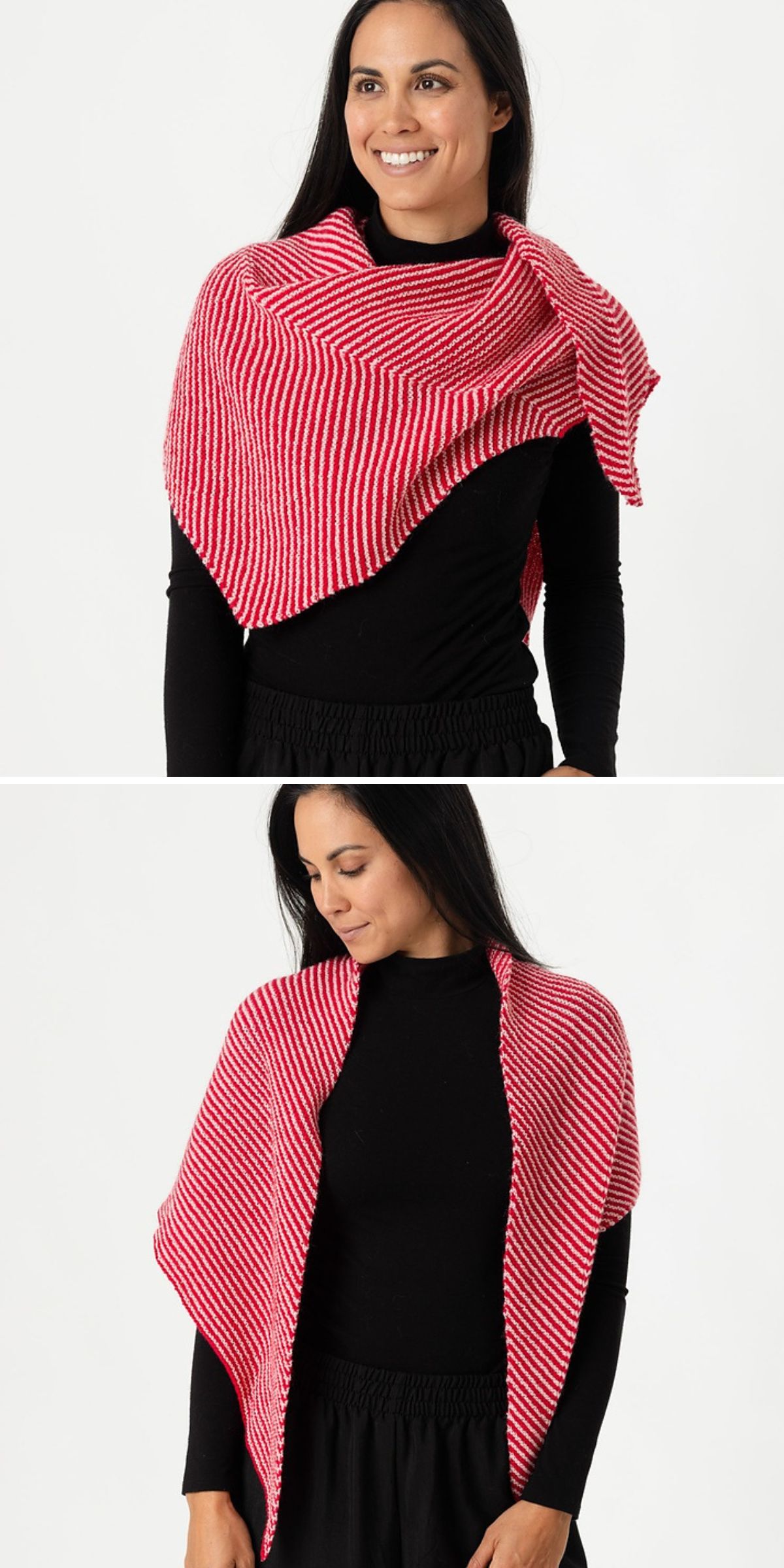 A woman wearing a black outfit models a red and white striped knit shawl in two different styles against a plain white background.