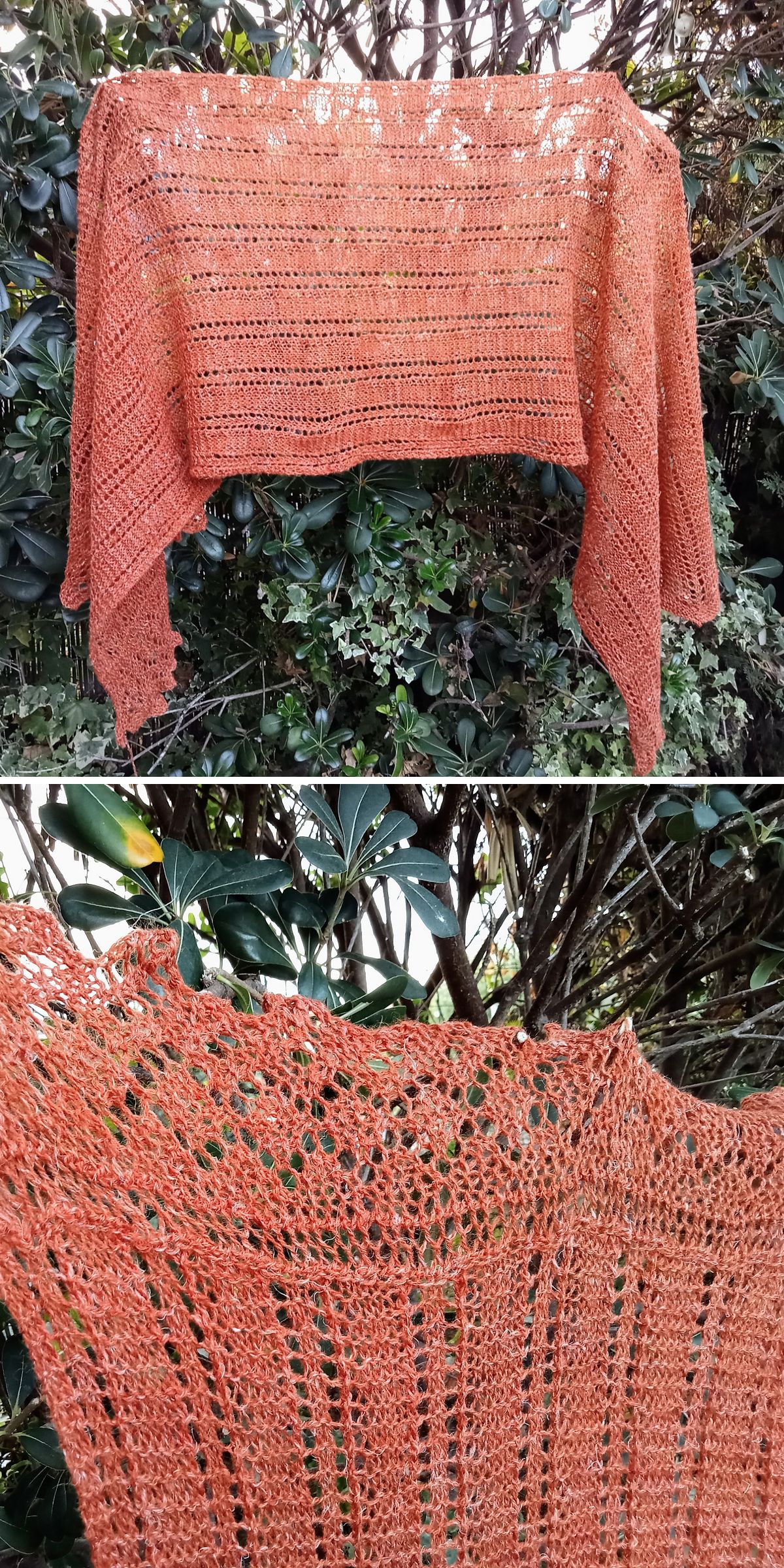 A handmade burnt orange shawl with openwork patterns is draped over leafy bushes, shown in both full view and close-up — perfect inspiration for those seeking free knitting patterns for wraps.