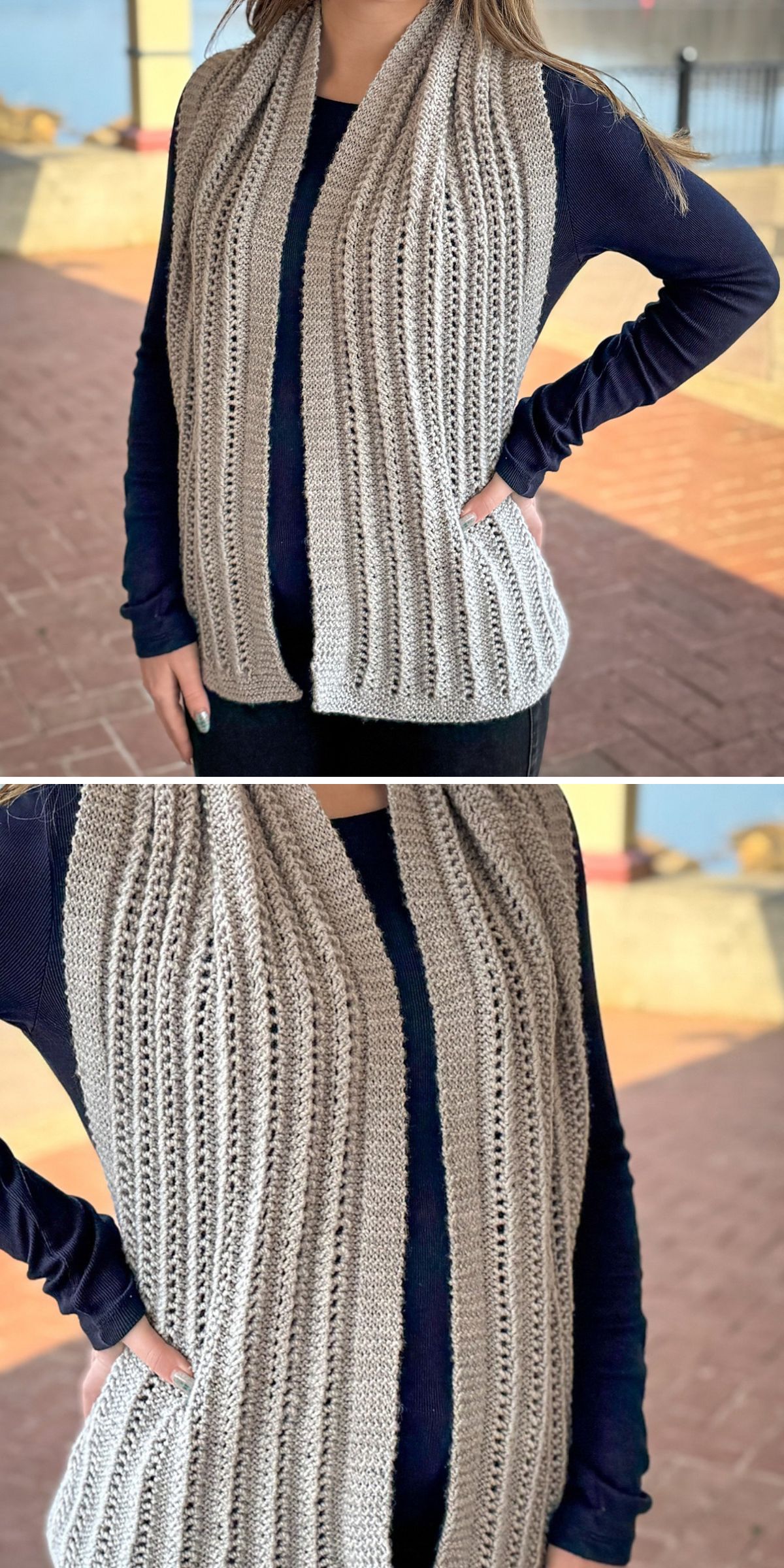 Wide textured knit scarf in soft beige yarn featuring vertical rib and eyelet details, worn by a woman.