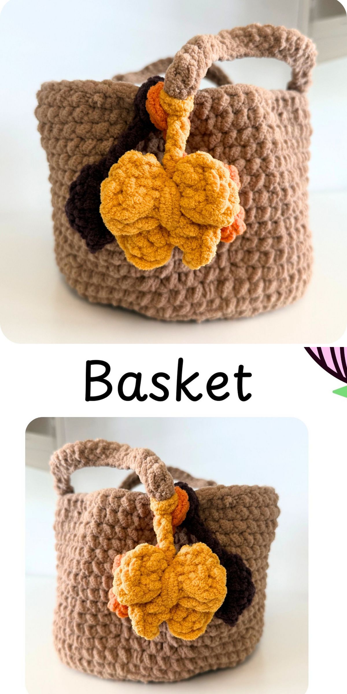 A brown, chunky crochet basket with a handle and yellow-orange decorative yarn flowers attached to one side, shown from two slightly different angles.