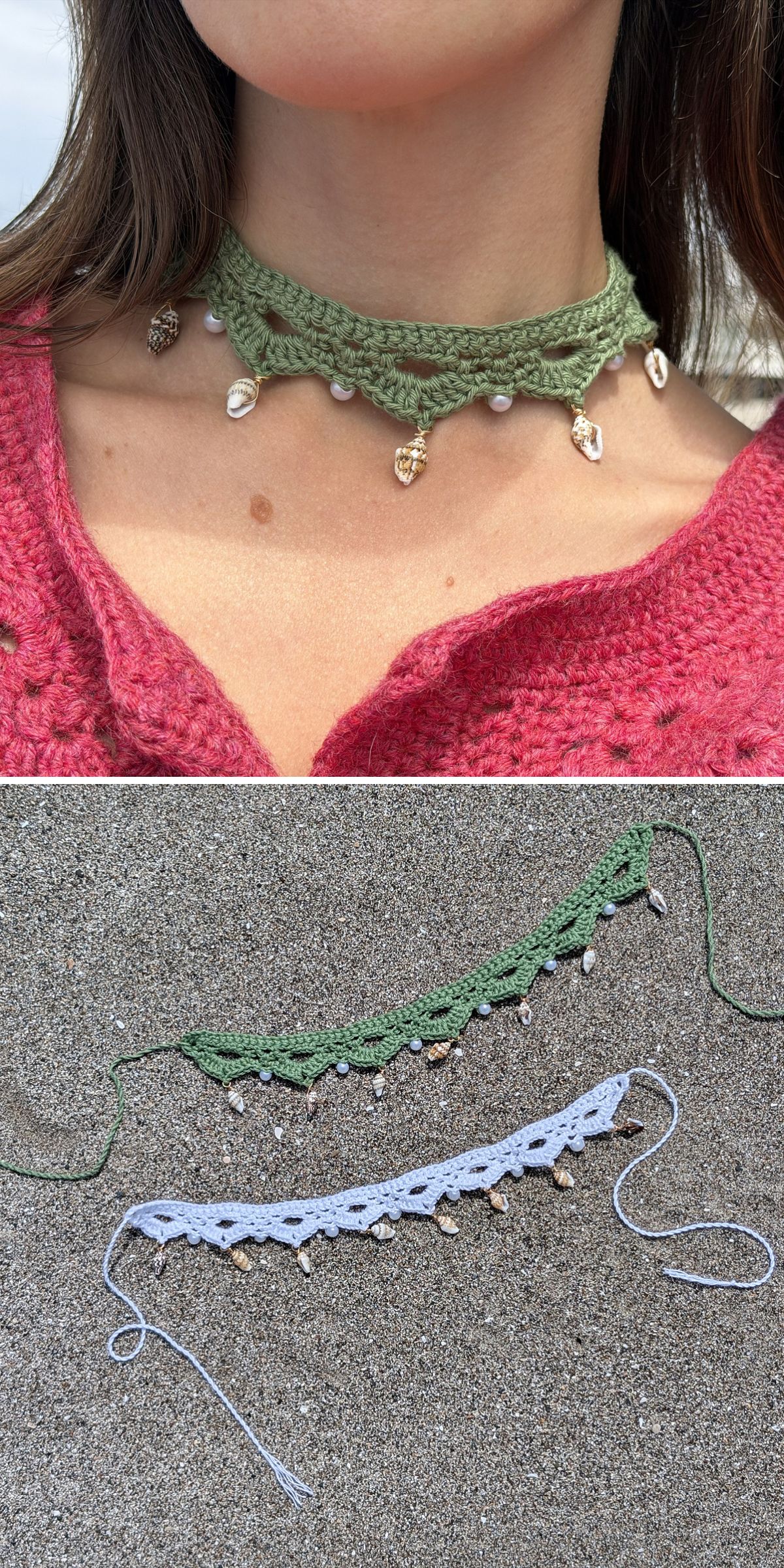 A person wearing a green crocheted choker with small bead pendants; below, crochet accessories in green and white versions of the choker are laid out on a textured surface.