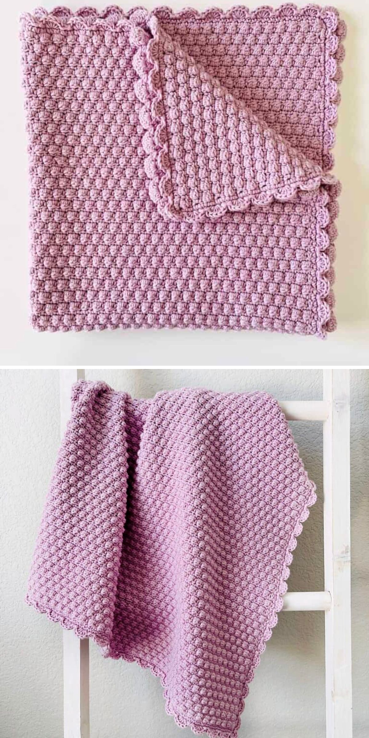 A folded and draped light purple bobble stitch blanket with a scalloped edge, displayed on a surface and over a white wooden rack.