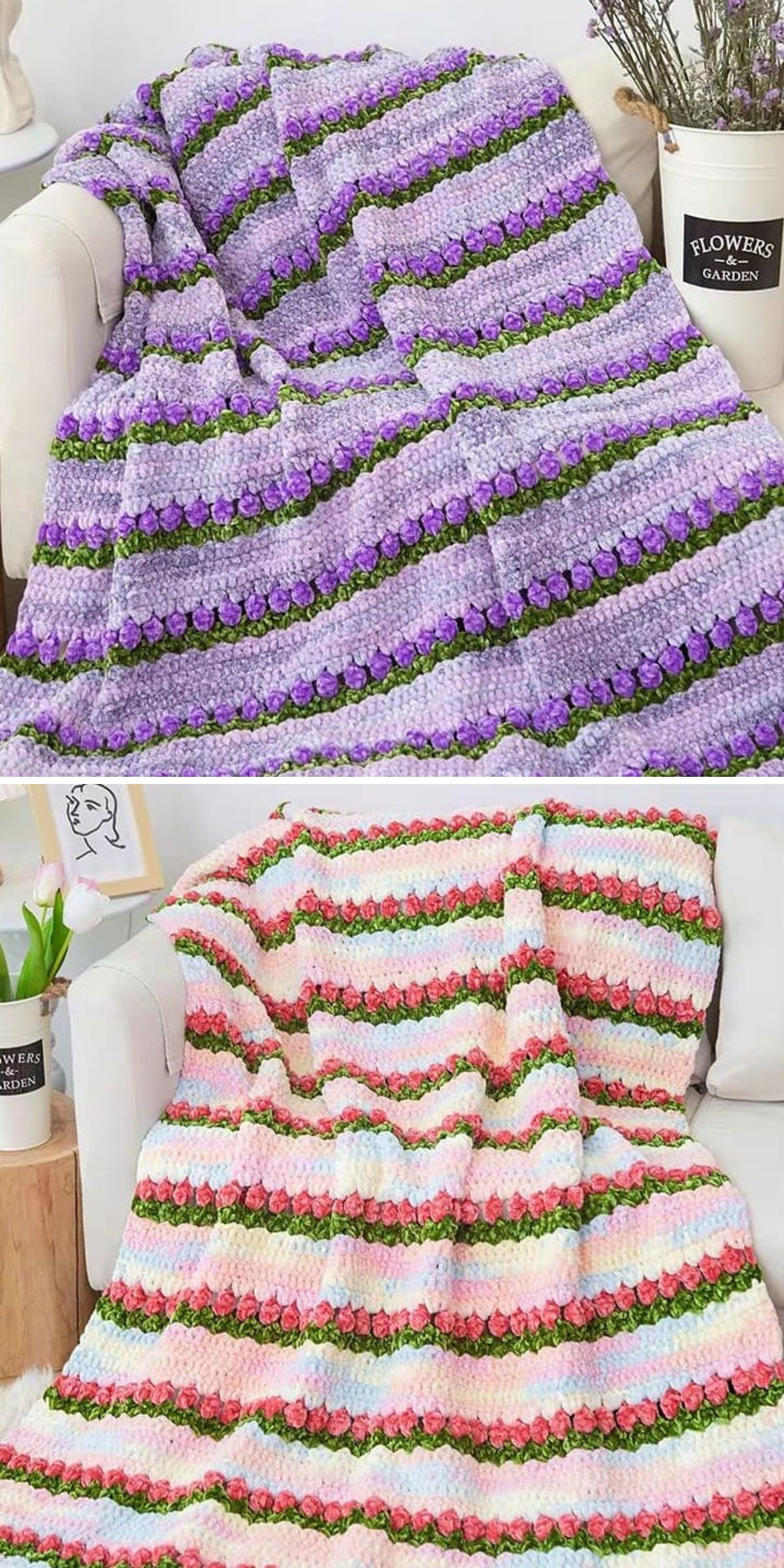 Two crochet blankets with textured stripes, including a vibrant crochet flower blanket, are draped over white chairs. The top blanket is purple and green; the bottom one is white with pink, red, green, and blue stripes.