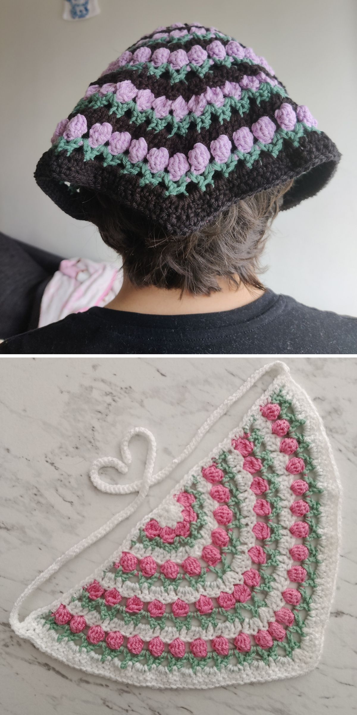 Two images: the top shows a person wearing a crocheted bandana in black, purple, and green stripes of tulips; the bottom displays a crochet bandana — triangular in shape — in white, pink, and green on a marble surface.