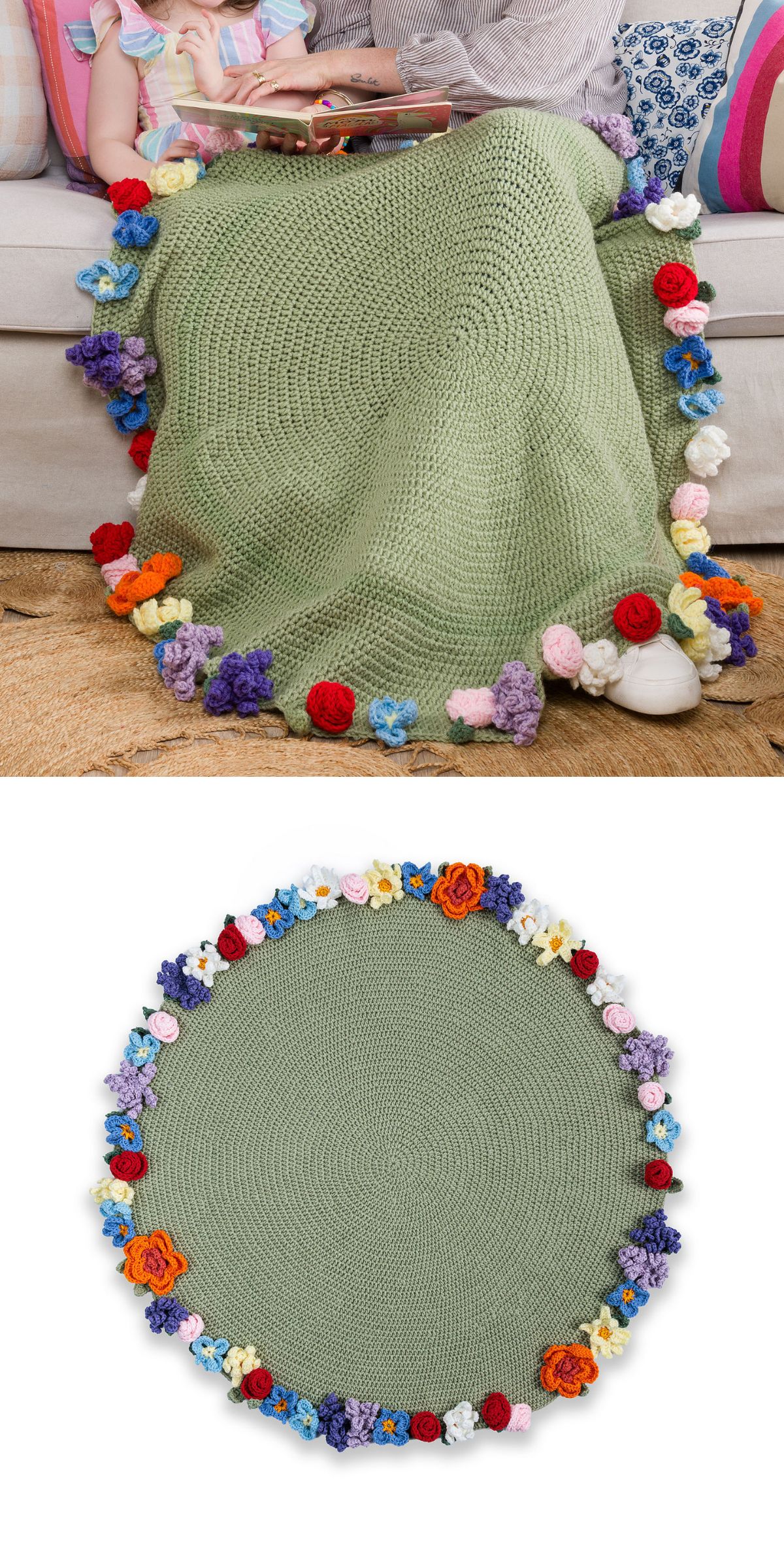 A round green crochet blanket with a border of colorful crocheted flowers, this cozy round crochet blanket is shown draped over two people and also laid flat.