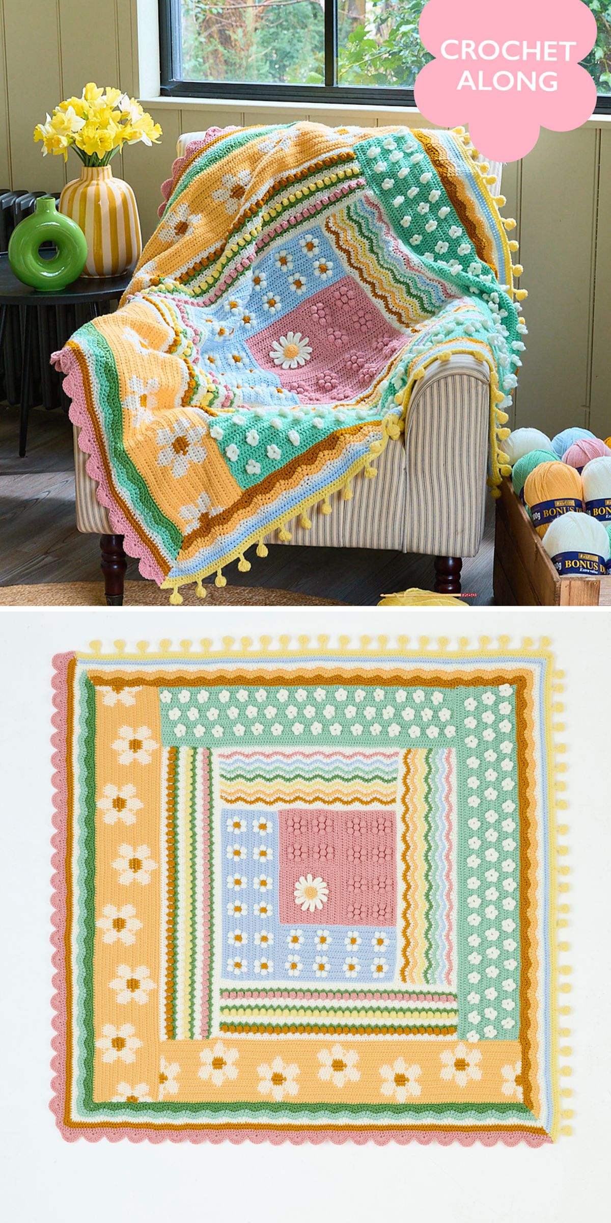 A colorful flower blanket, crafted using crochet flower blanket patterns, drapes over a striped armchair; a close-up of the intricate design is shown below.