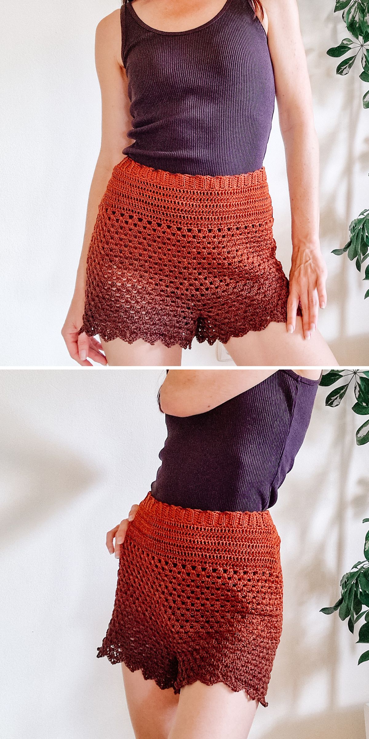 A person wearing a dark tank top and stylish crochet shorts in gradient shades of brown poses indoors near a leafy plant.