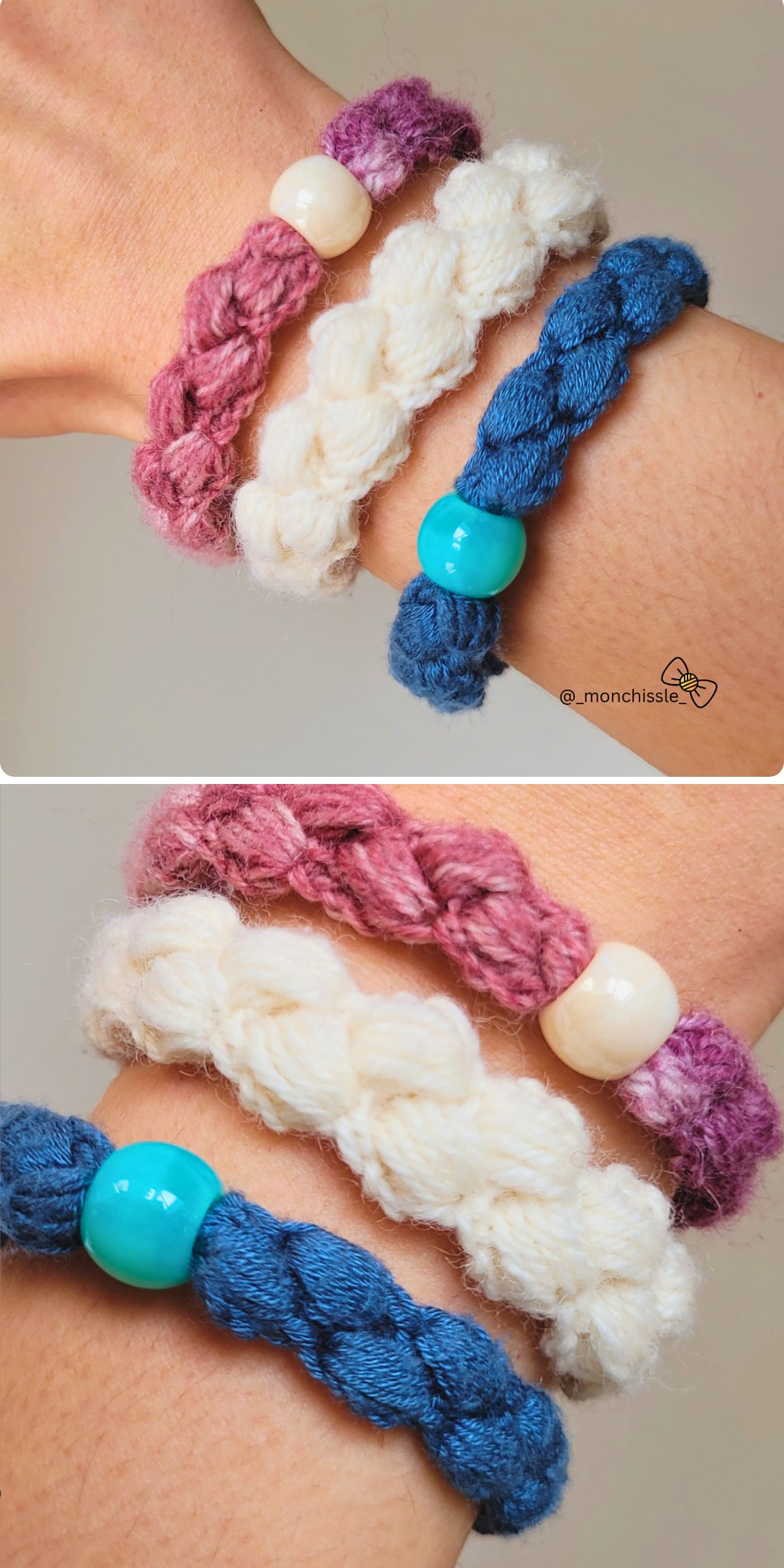 Three braided yarn bracelets in purple, white, and blue, each with a round bead, worn on a wrist—perfect crochet accessories to add a pop of color to any look.