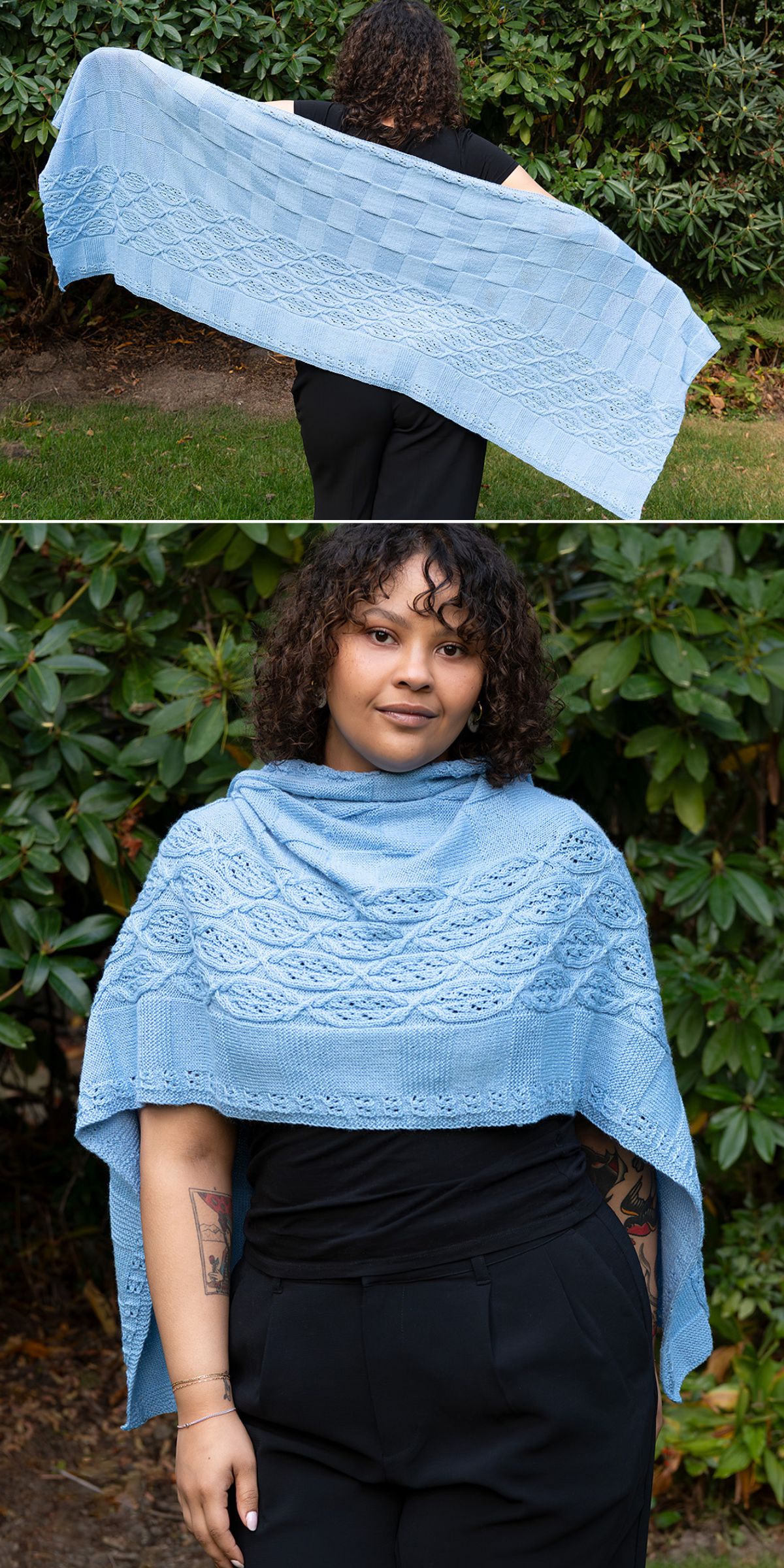 A person displays a large, light blue knitted shawl outdoors; in one image it is spread wide, in the other, it is draped over their shoulders. Shrubs are in the background, evoking inspiration for those seeking free knitting patterns for wraps.