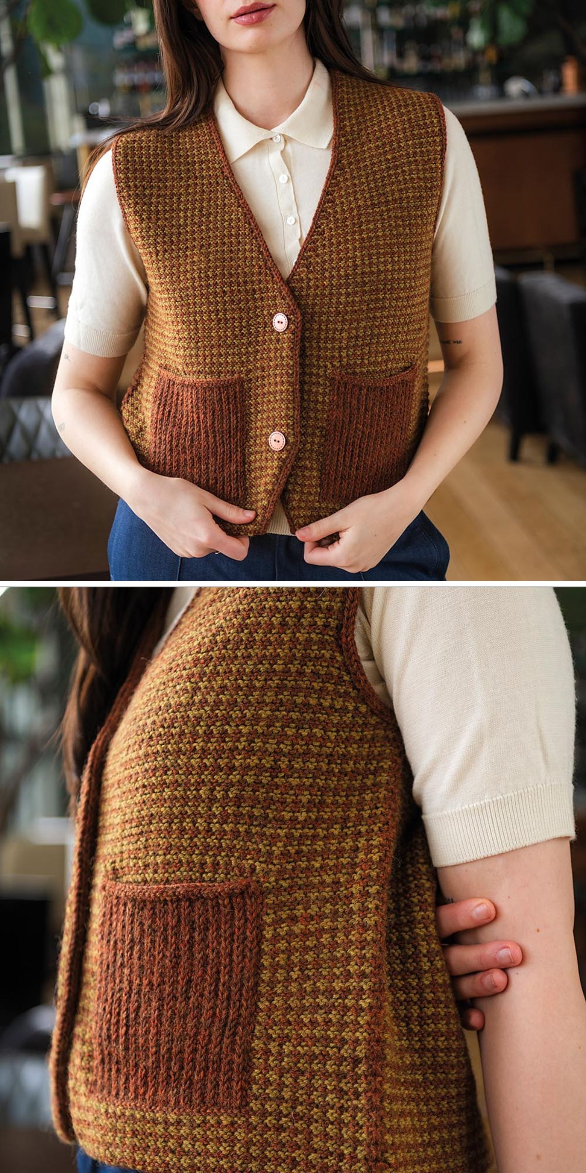 A person wears a brown houndstooth knit vest with two pockets and two buttons over a short-sleeved cream shirt; the knit vest features a stylish V-neck.