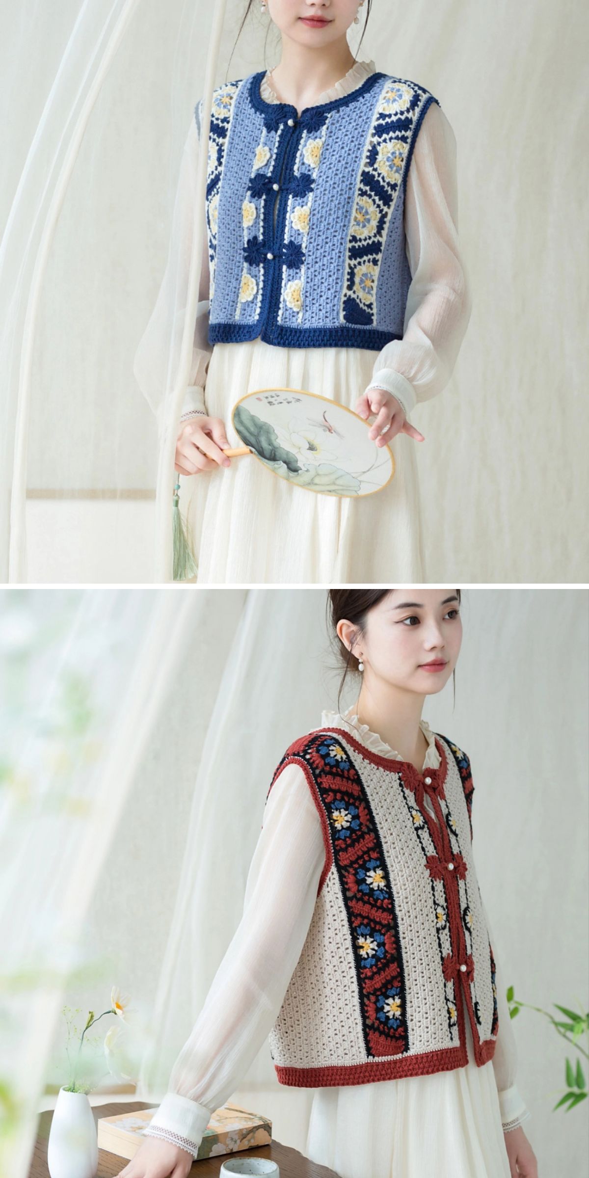 Two women wear sheer white dresses with stylish crochet vests; the top vest is blue with yellow and white flowers, while the bottom vest is cream with red trim and a colorful pattern.