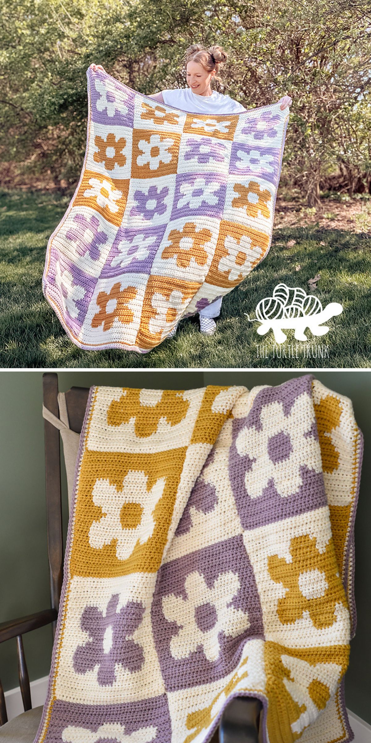 A woman holds a crochet flower blanket outdoors. The blanket features a grid of white, yellow, and lavender flower squares. A close-up shows the crochet flower blanket draped over a chair.