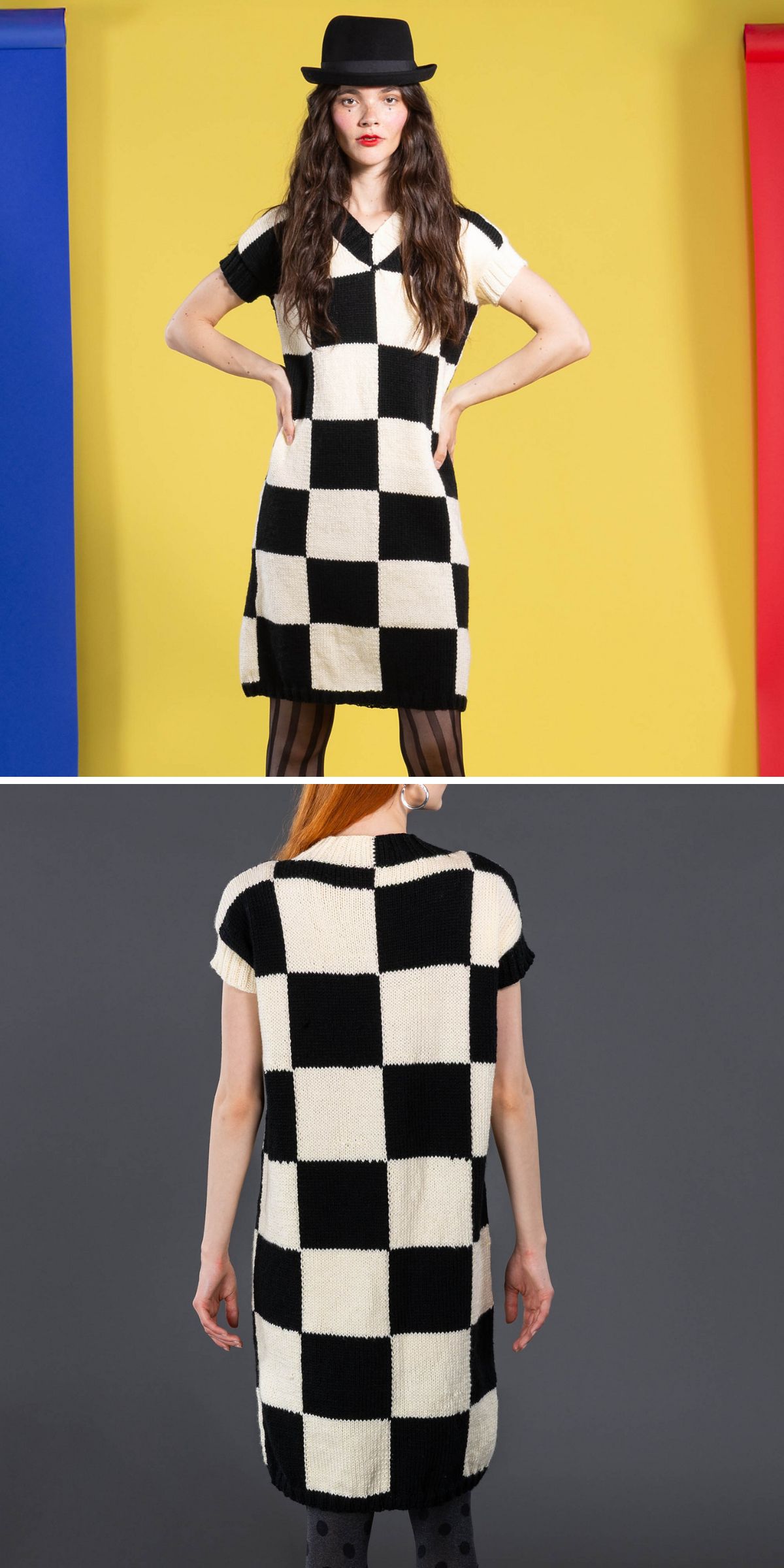 A person wearing a black and white checkered short-sleeve knit dress stands against colorful and neutral backgrounds, showcasing stylish knit dress patterns from both the front and back.