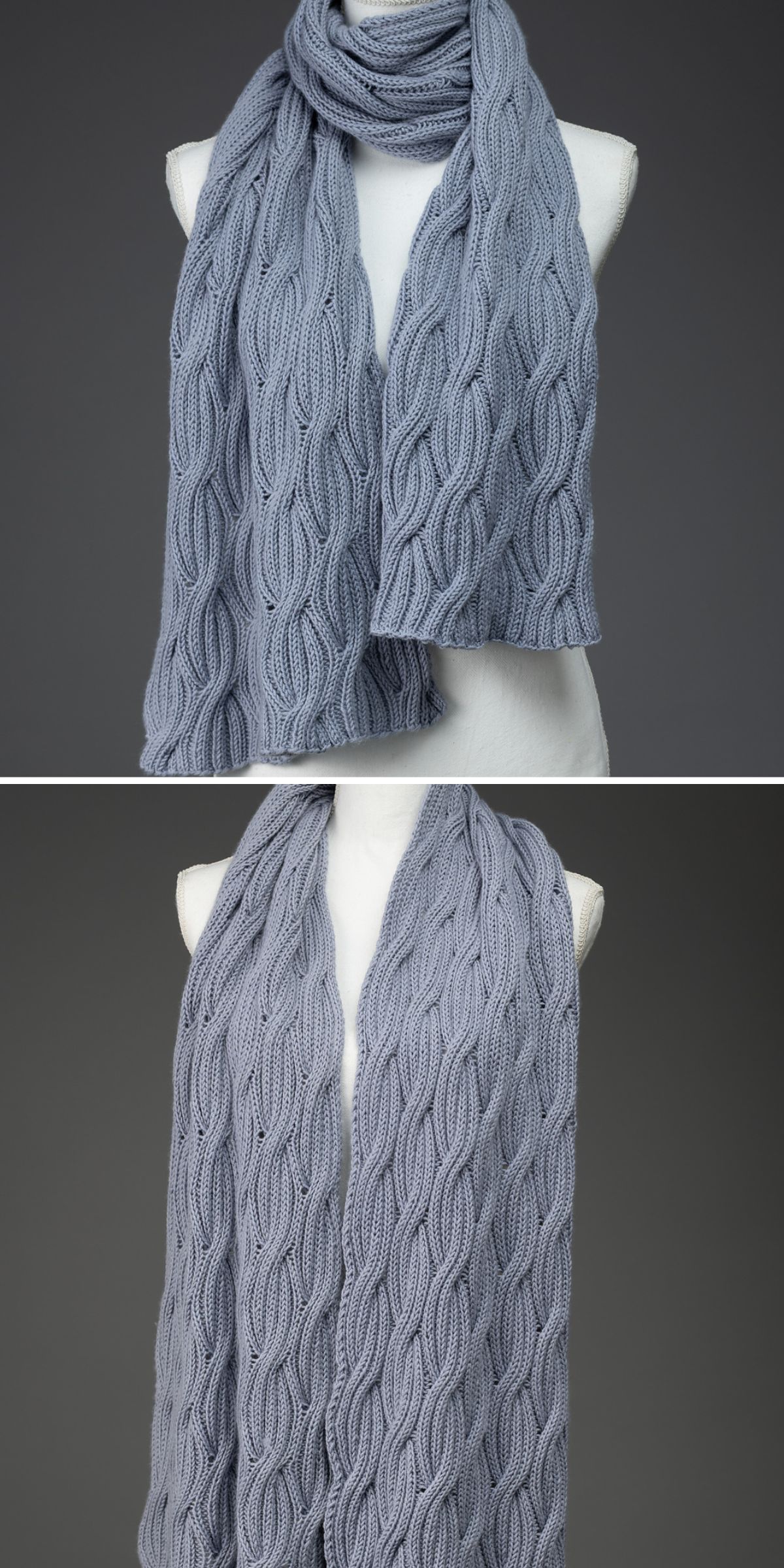A light gray, wide knitted scarf with a thick, textured cable pattern — perfect inspiration for those searching for free knitting patterns for wraps — is draped on a white mannequin against a plain dark background.