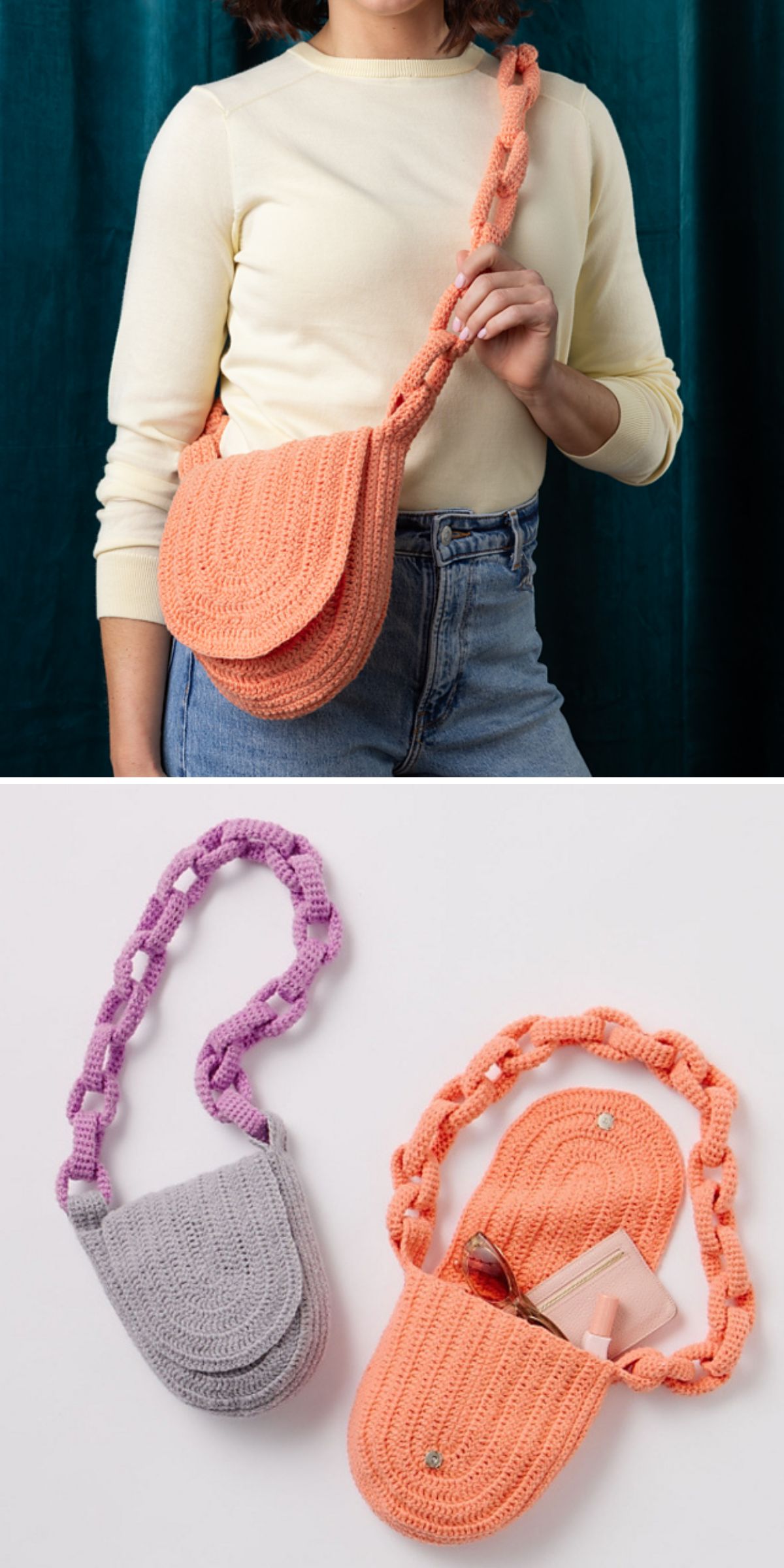 A person wearing a crocheted orange crochet crossbody bag; below, two crocheted bags in gray and orange with chain straps, one open showing contents, and one purple strap visible.