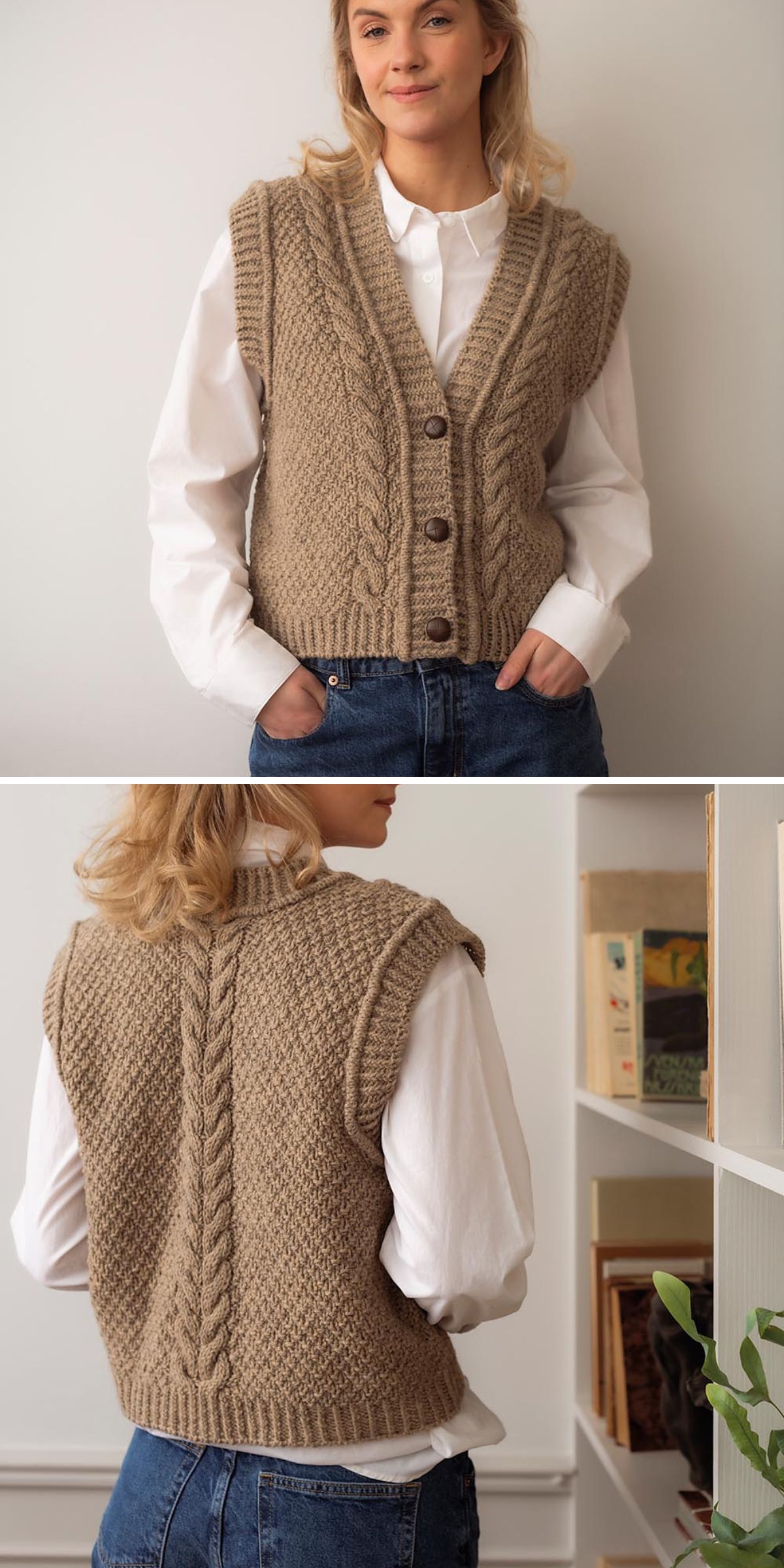 A woman wears a beige, modern knit vest featuring a cable-knit pattern over a white shirt and blue jeans, shown from the front and back.