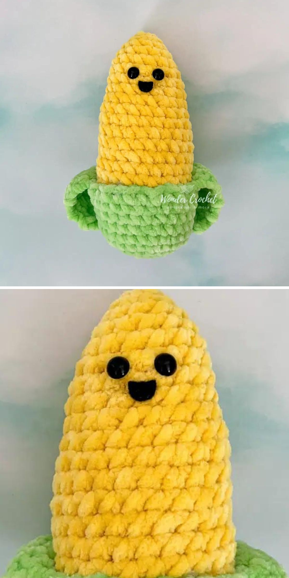 A plush crocheted corn with a yellow textured body, green base resembling husk, and a smiling face—perfect for garden crochet lovers or anyone seeking cute crochet vegetable patterns.