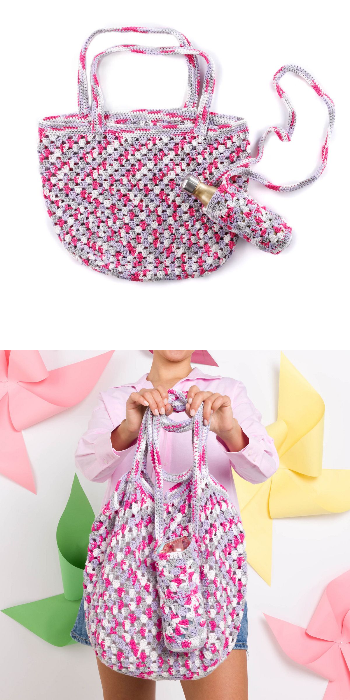 A pink, white, and gray crochet bag with a matching bottle carrying case and strap, shown on a white background and being held by a person in a pink shirt.