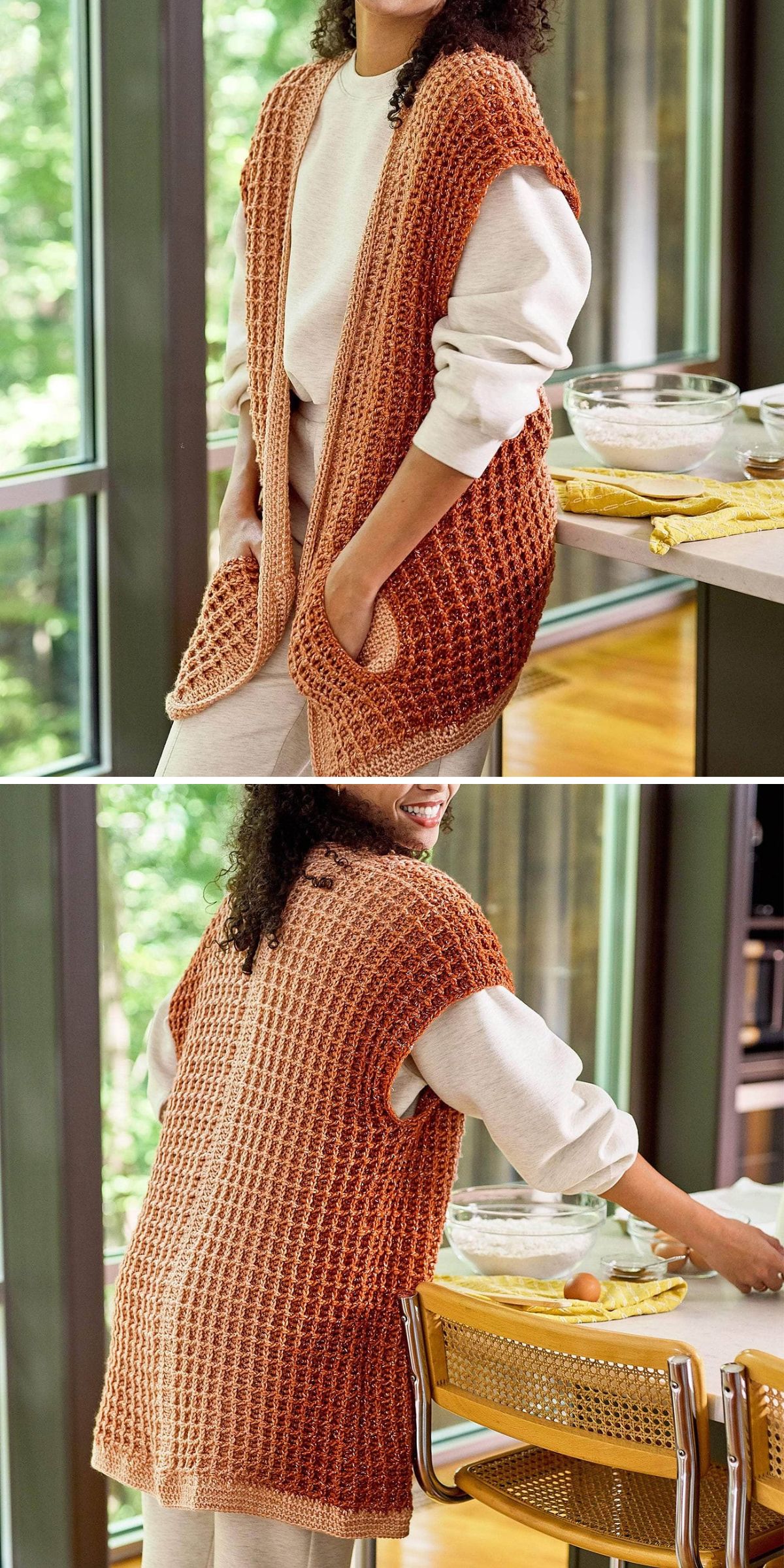 A person wearing a long, textured crochet vest in rust over a cream outfit stands in a bright kitchen, facing forward in the first image and showing off the back of the crochet vest in the second.