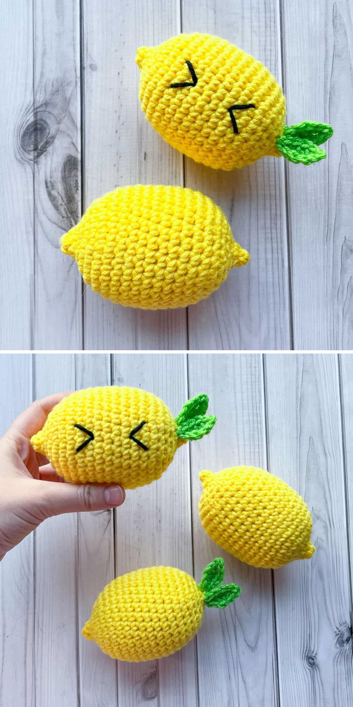 Three crochet lemon creations with green leaves, one featuring a stitched face with closed eyes, are displayed on a light wooden surface. A hand holds the crochet lemon with the face in the lower image.