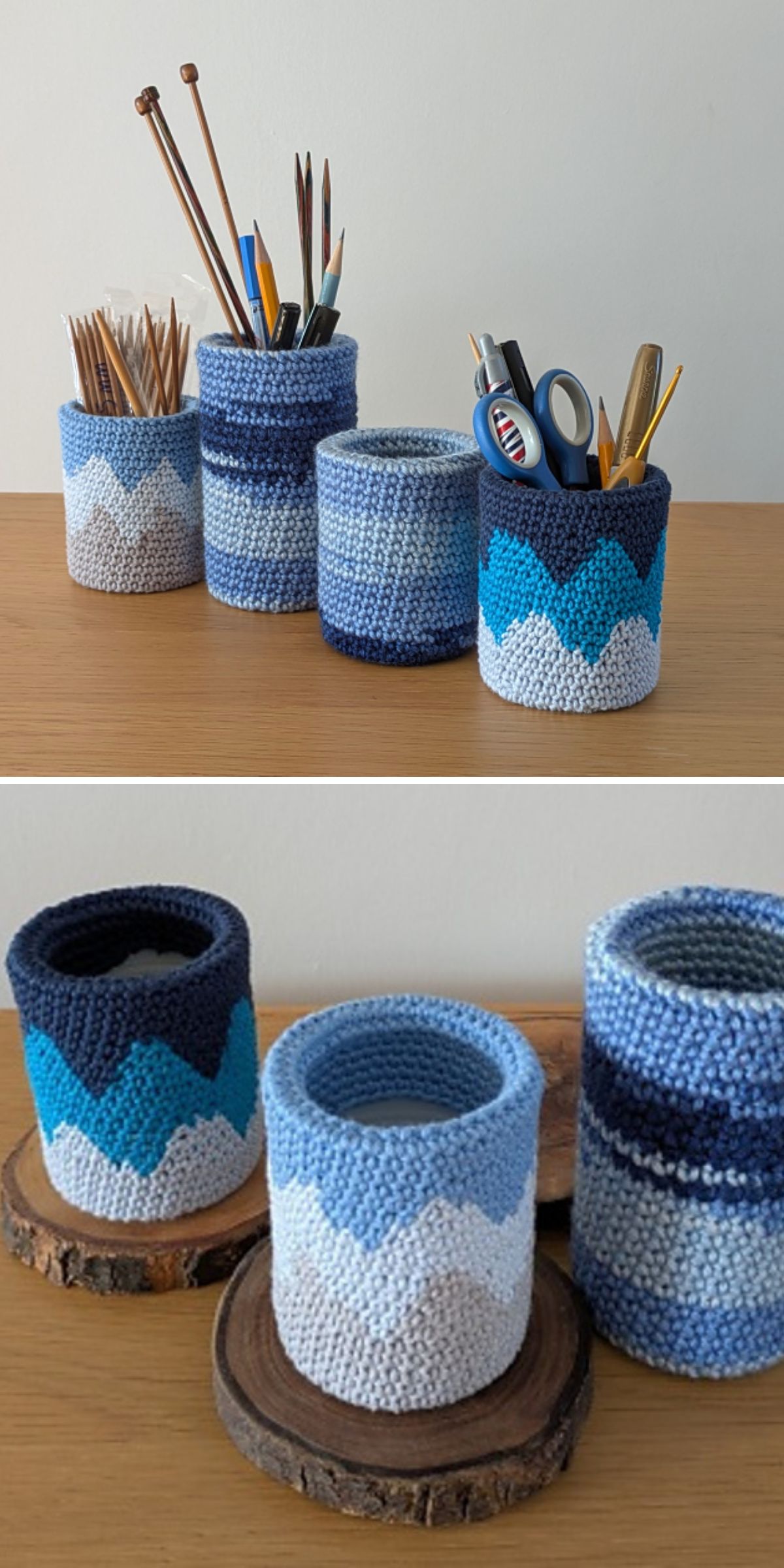 Four cylindrical containers with crochet basket-style blue and white covers hold knitting needles, scissors, pens, and other items, displayed on a wooden surface.
