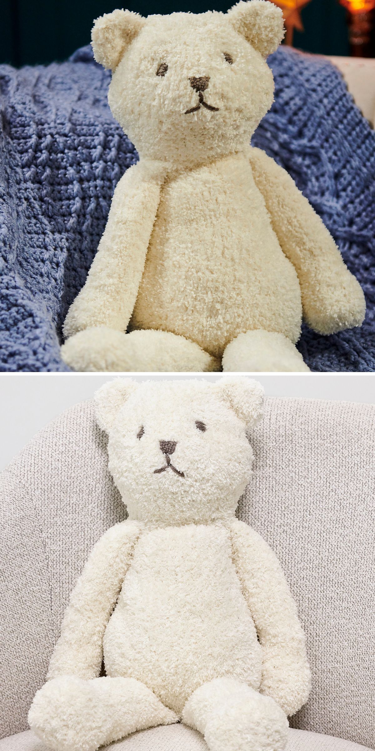 Two photos of a cream-colored, textured knit toy teddy bear with a neutral expression, sitting on two different couches—one blue and one beige.