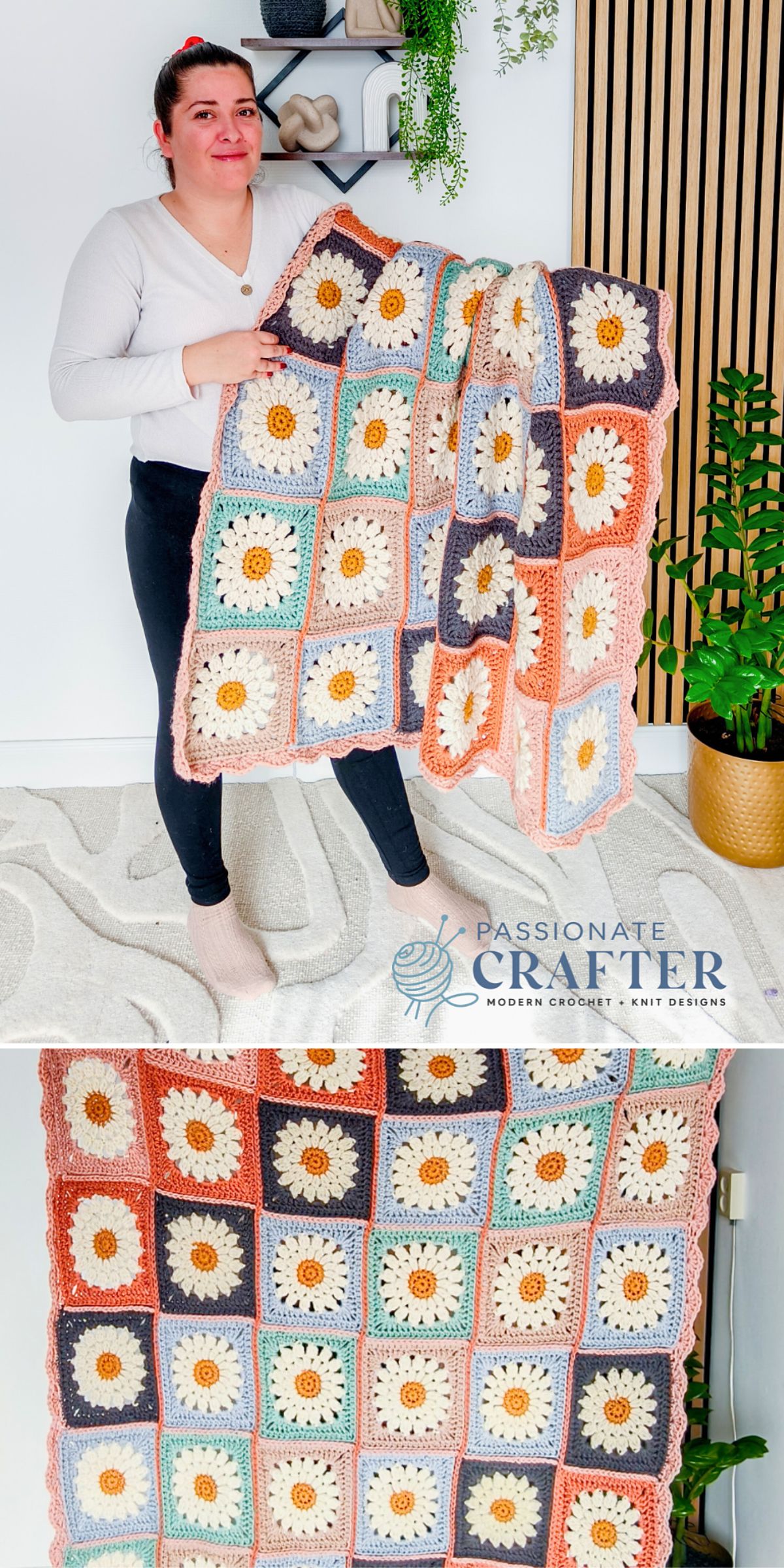 A person holds a crochet blanket made of colorful square motifs with flower patterns. This vibrant crochet flower blanket showcases shades of orange, blue, cream, and gray and is perfect for those seeking free crochet patterns.