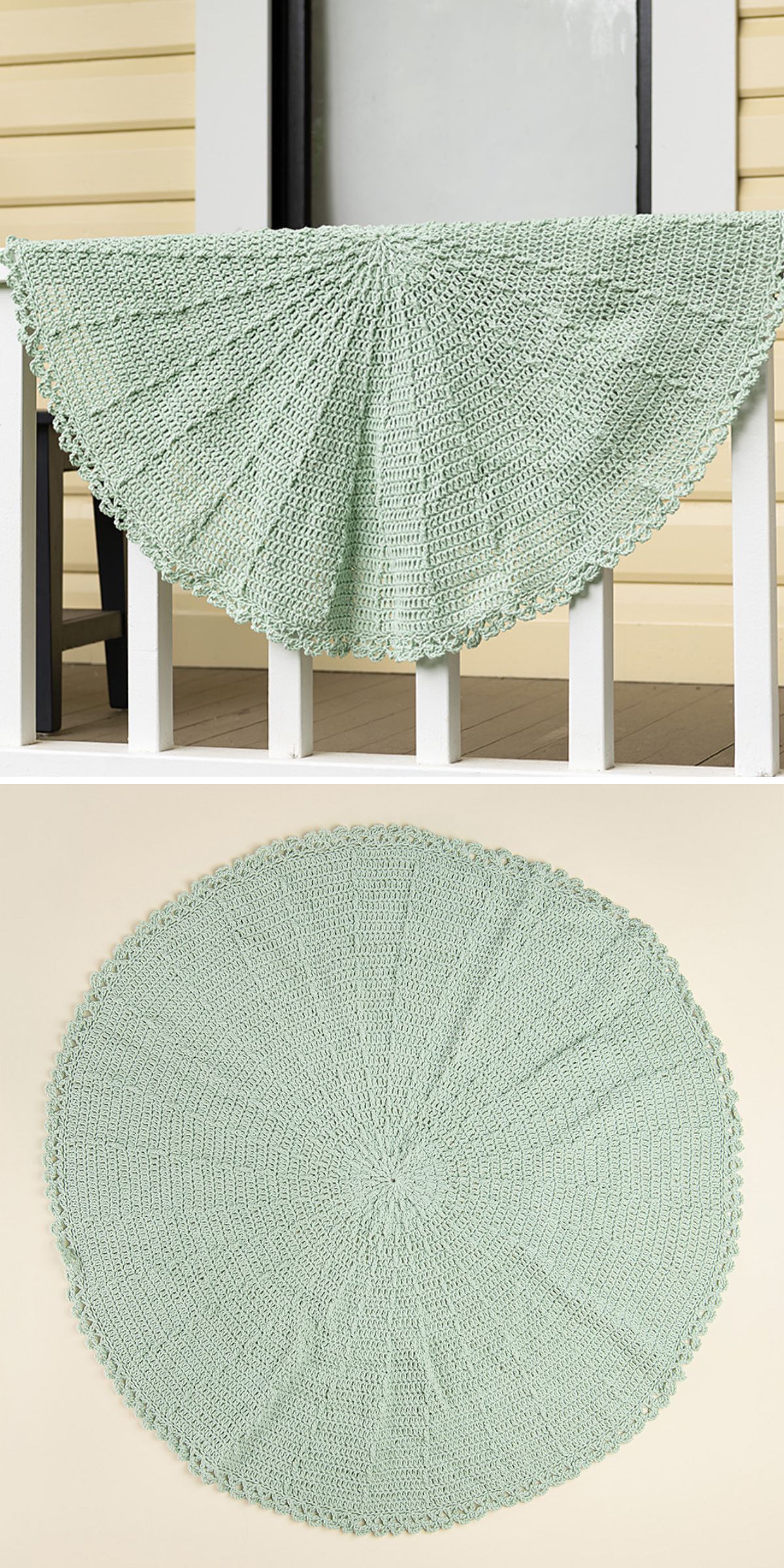 A light green, round crochet blanket with textured patterns and a decorative edge is shown draped over a white railing and laid flat on a beige surface.